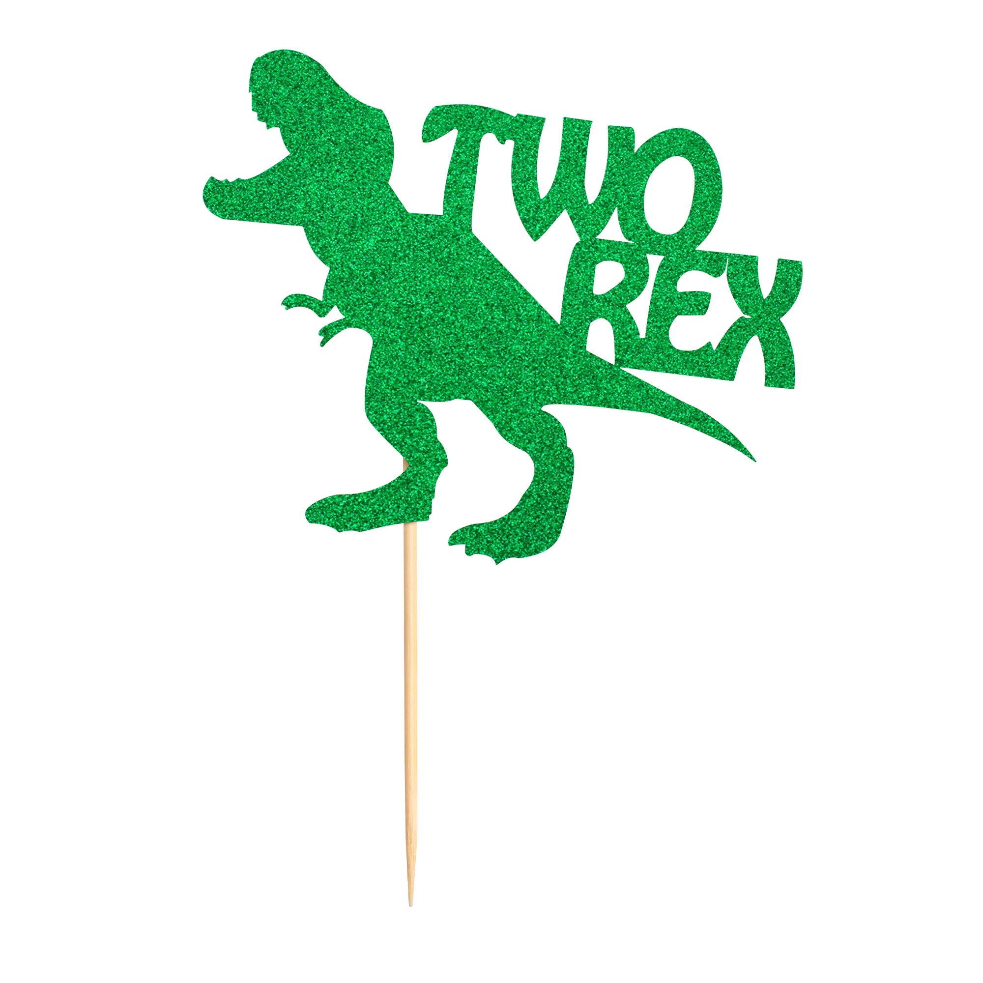 Unimall Dinosaur Two Rex Cake Topper Green Glitter T-Rex 2 Cake Picks Cake Decoration for 2nd Baby Boy Birthday Kids Party Supply Decoration