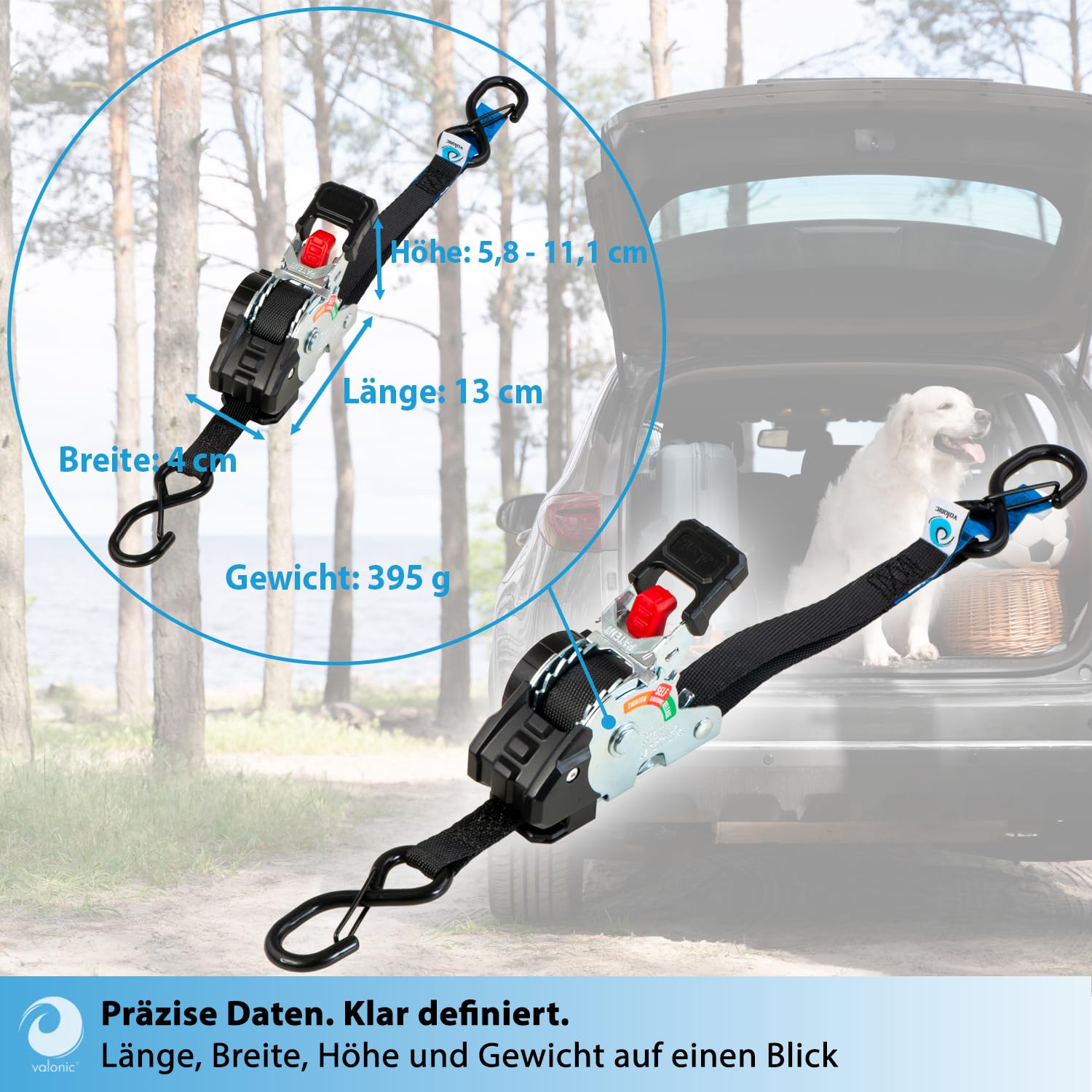 valonic Creta 2 m, Mini Spanngurte Automatik, für Kofferraum und Anhänger sowie Auto und Transport, 4er Set, 150 kg Zurrkraft, 19 mm, Spanngurt Selbstaufrollend, S-Haken mit Sicherung