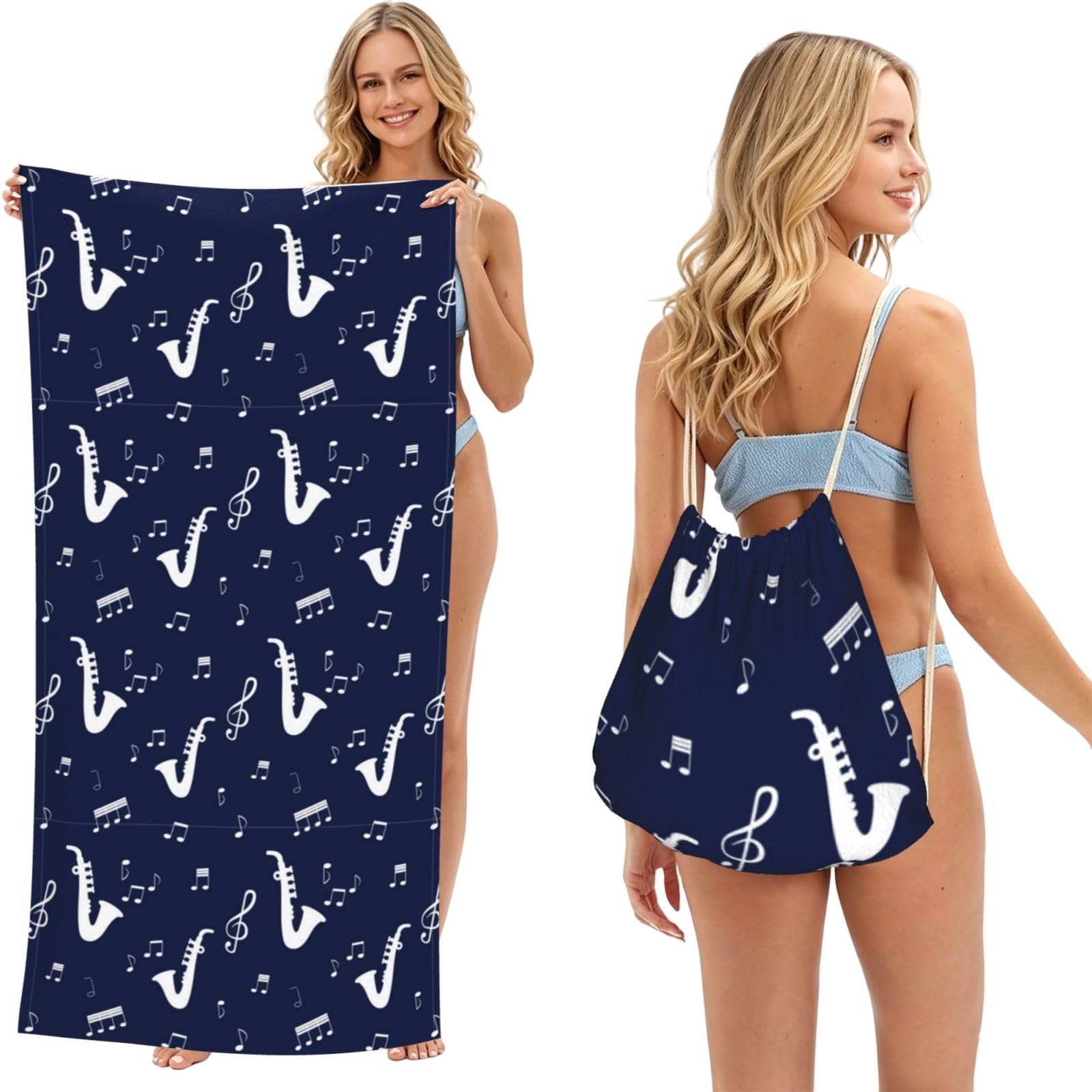 Poadnly As Picture Music Notes Saxophones, 2 In 1 Packable Towel Bag, Beach Towels With Drawstring Backpack For Travel Holiday Camping