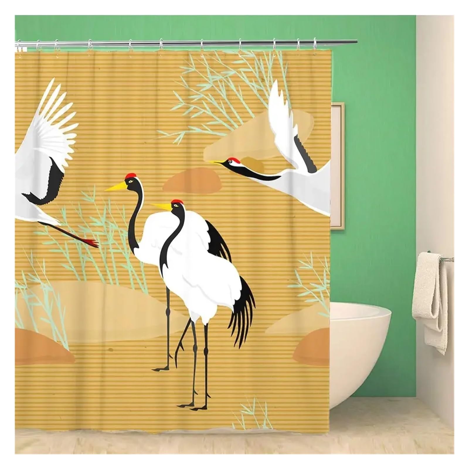 Cortina de Ducha con diseño Tradicional de pinos y grullas Volando, Arte paisajístico, Cortinas de Ducha Impermeables for baño, Ganchos(Color-01,W240xH180cm)