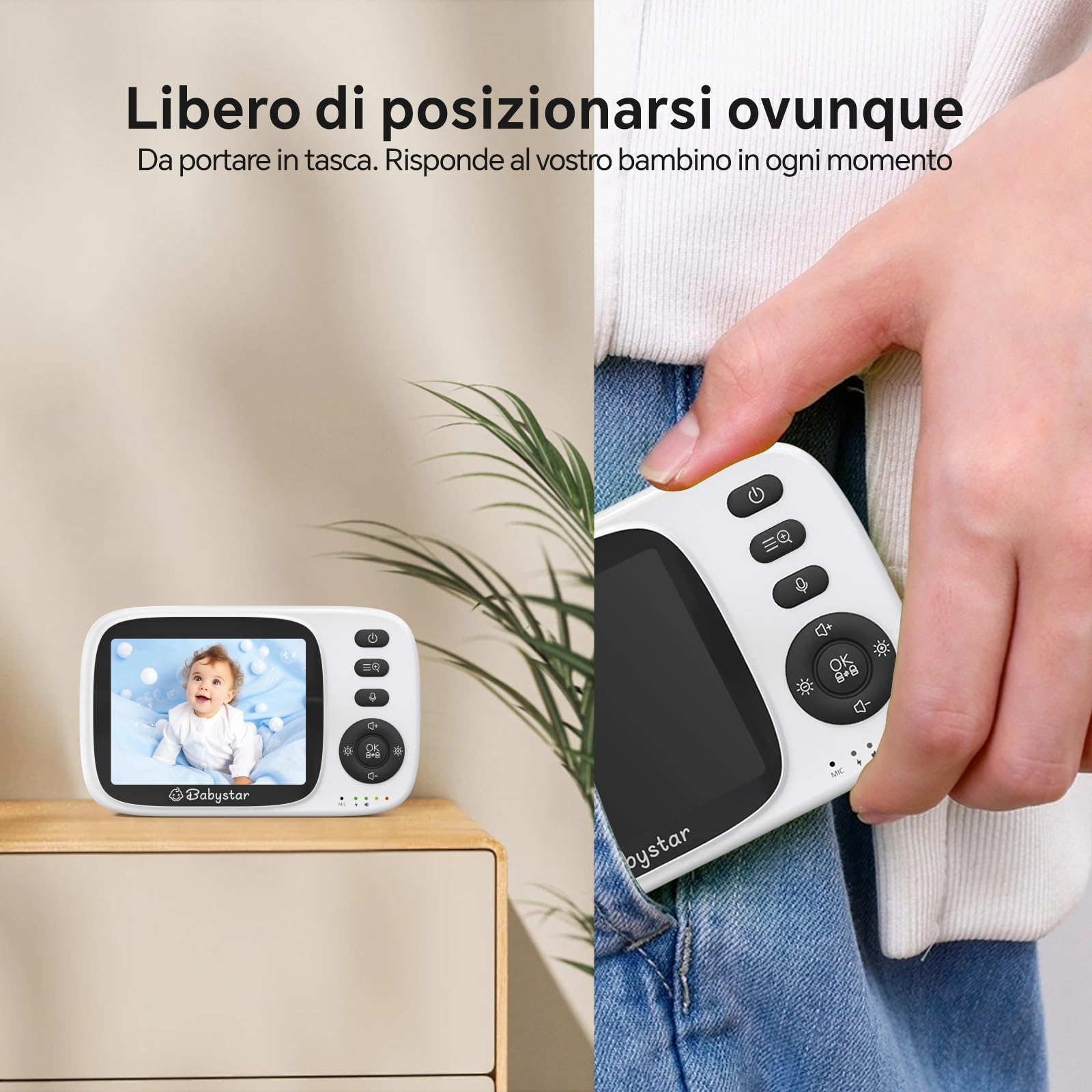 Babystar Babyphone con fotocamera, video da 3,2 pollici, visione notturna, monitoraggio della temperatura, modulo VOX a due vie, baby monitor da 2,4 GHz, ideale per genitori