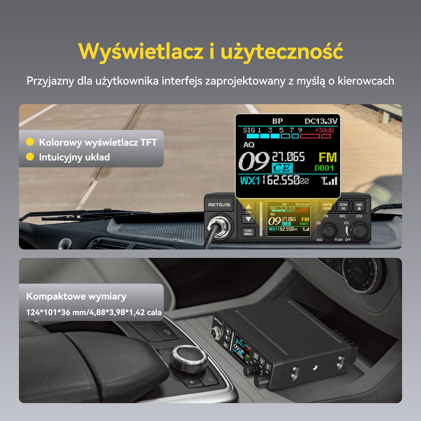 Retevis MB63B Radio CB z anteną, AM/FM, Kolorowy Wyświetlacz Lcd, Redukcja Szumów Nrc, Ctcss/Dcs, Vox, 40 Kanałów, Emg 9/19 Kanałów, Radio Cb Dla Zespołów Terenowych (1 Sztuka, Czarne)