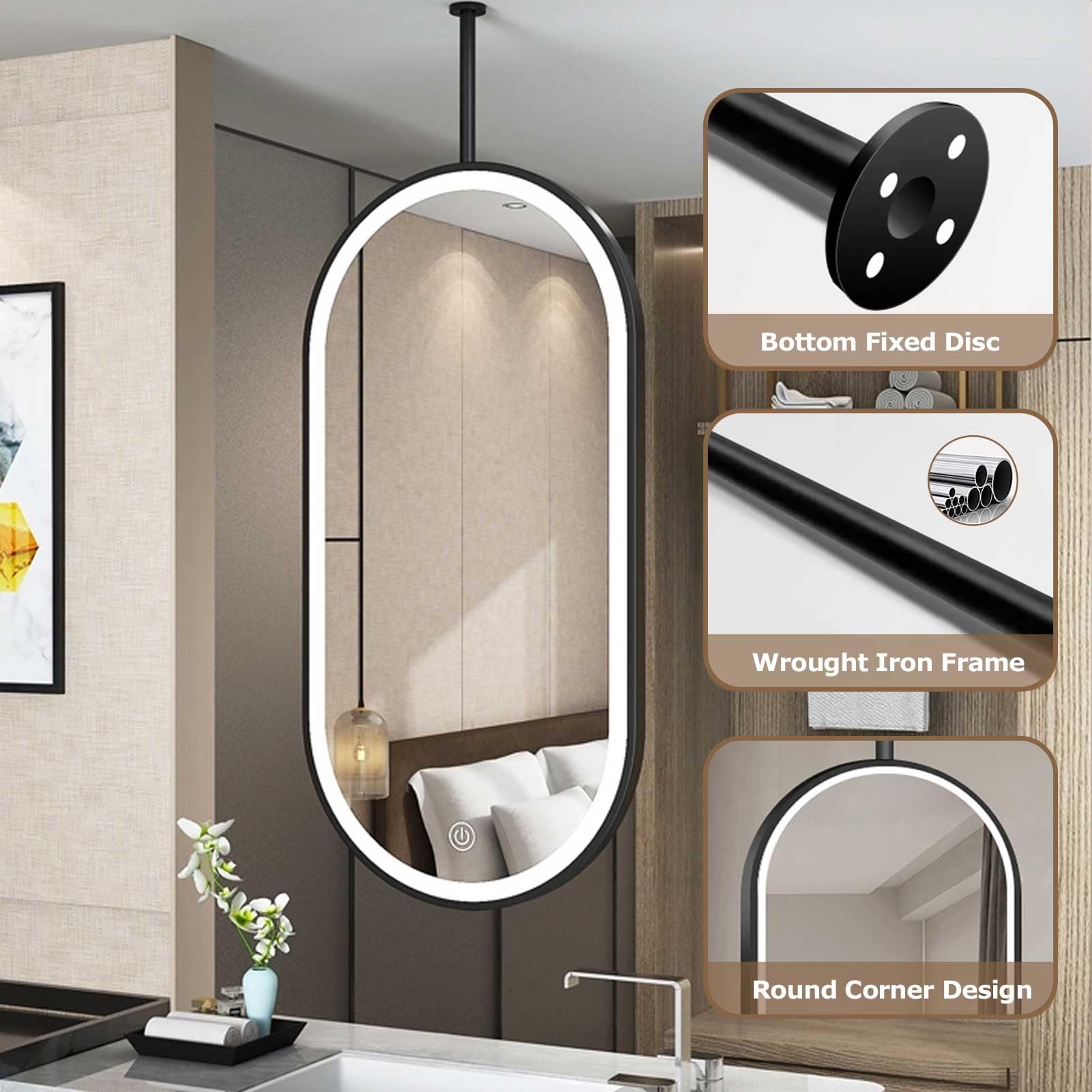 Specchio galleggiante con luci, da soffitto, in metallo, per trucco, elegante decorazione funzionale per spazi moderni, 40 x 70 cm, perfetto per uso domestico