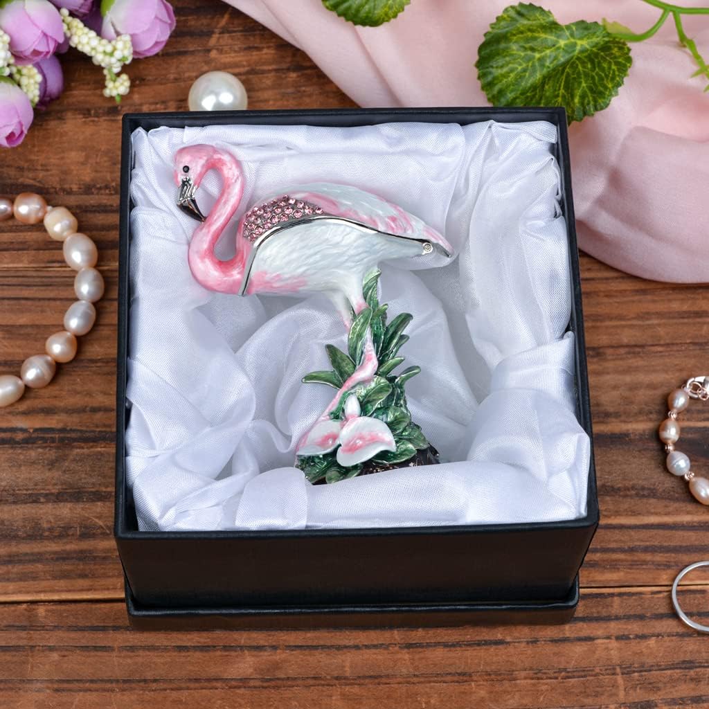 Crystal Flamingo Trinket Box with Silver Jeweled Enamel Design, Elegant Home Decor & Unique Gift for Women, Bridal Shower, Wedding, or Anniversary