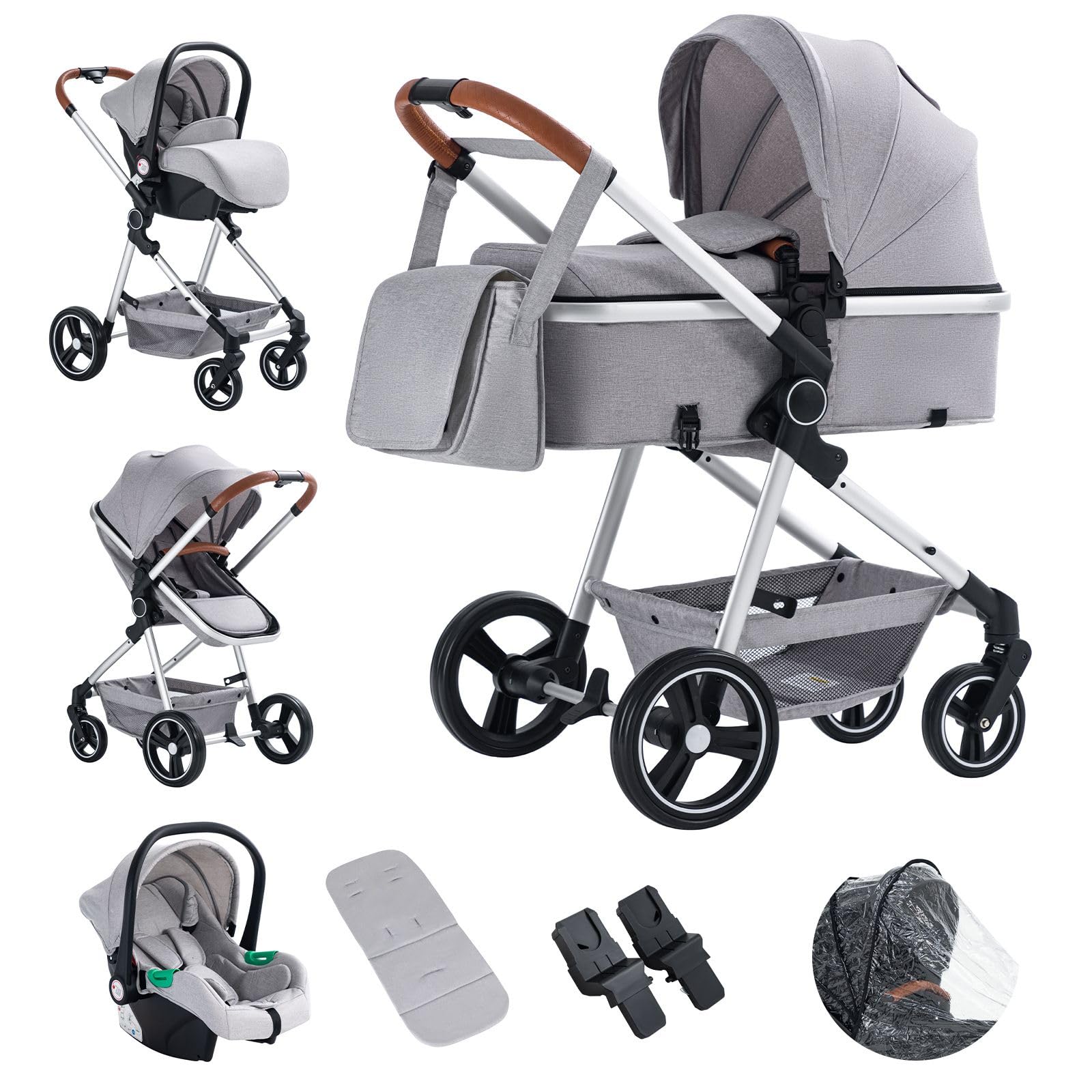 3 en 1 Carrito Bebé, Cochecito Bebe con Asiento de Coche ECE R129, Cochecito Combinado Plegable One Click, Alta Vista Estructura de Aluminio Cochecito para Recién Nacido(15KG, 0-3Años)