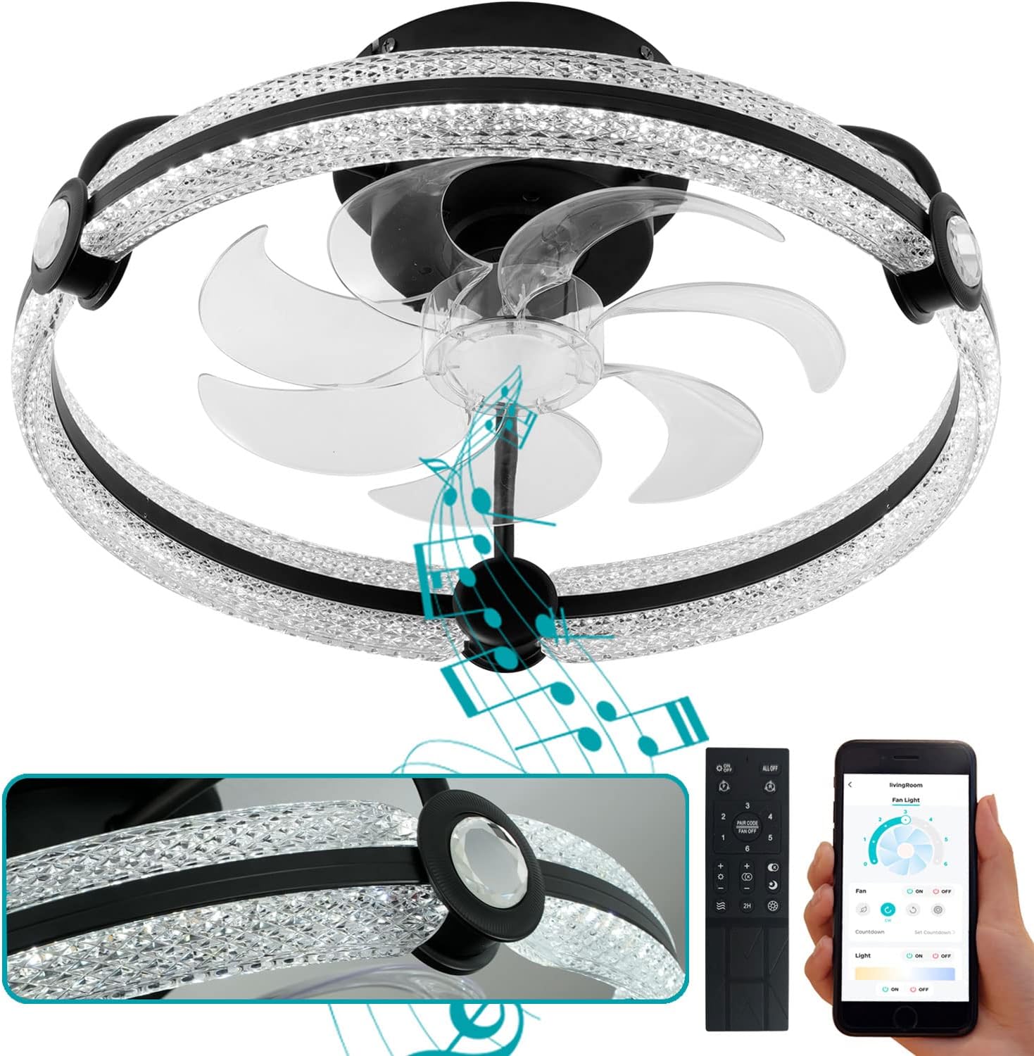 YoloOwl Bladeless Ceiling Fan with Light and Bluetooth Speaker