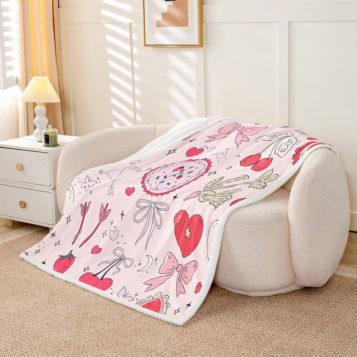 Pink Hearts & Cherry Sherpa Fleece Blanket: Cozy Plush Throw  Deco Cherry Heart Print Plush Throw Blanket display picture 1