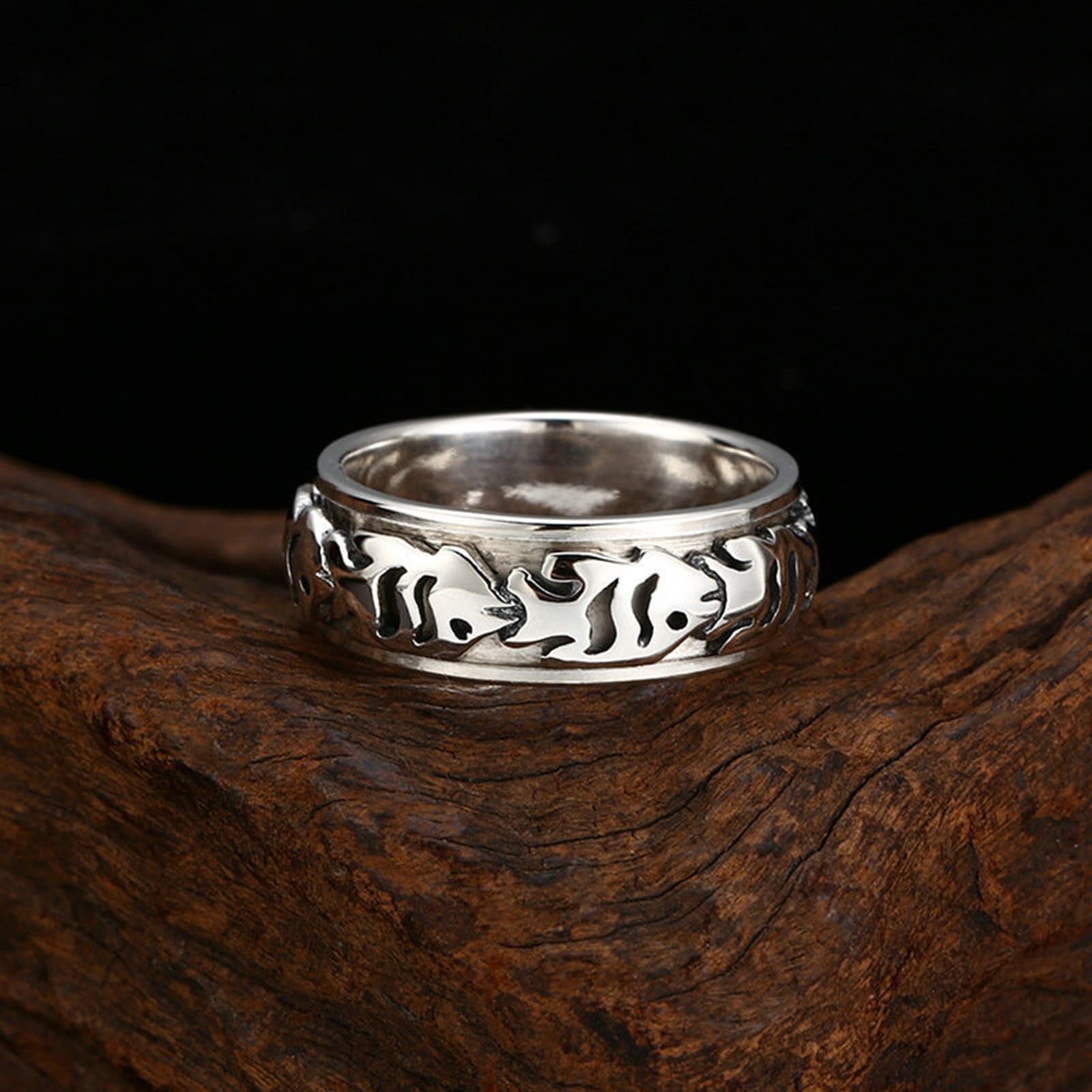 Anillo de compromiso de plata de ley 925 genuina para hombre, 7 mm, pescado, punk rock