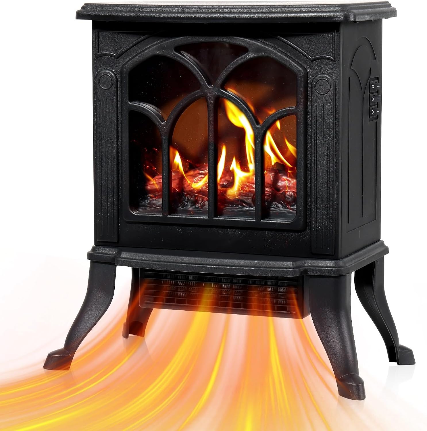 BeBecome Electric Fireplace Stove — Portable Infrared Heater w/Realistic 3D Flame, Open Glass Door & Side Window, Brick Back Panel, Up to 1,000 sq ft, Safety Cutoff