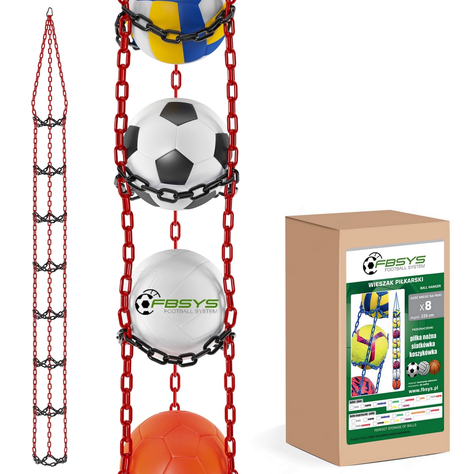 Ballhalter - 8 Bälle Aufhänger (Basketball, Fußball, Volleyball) - Organizer - Ballnetz - Rot-Schwarz