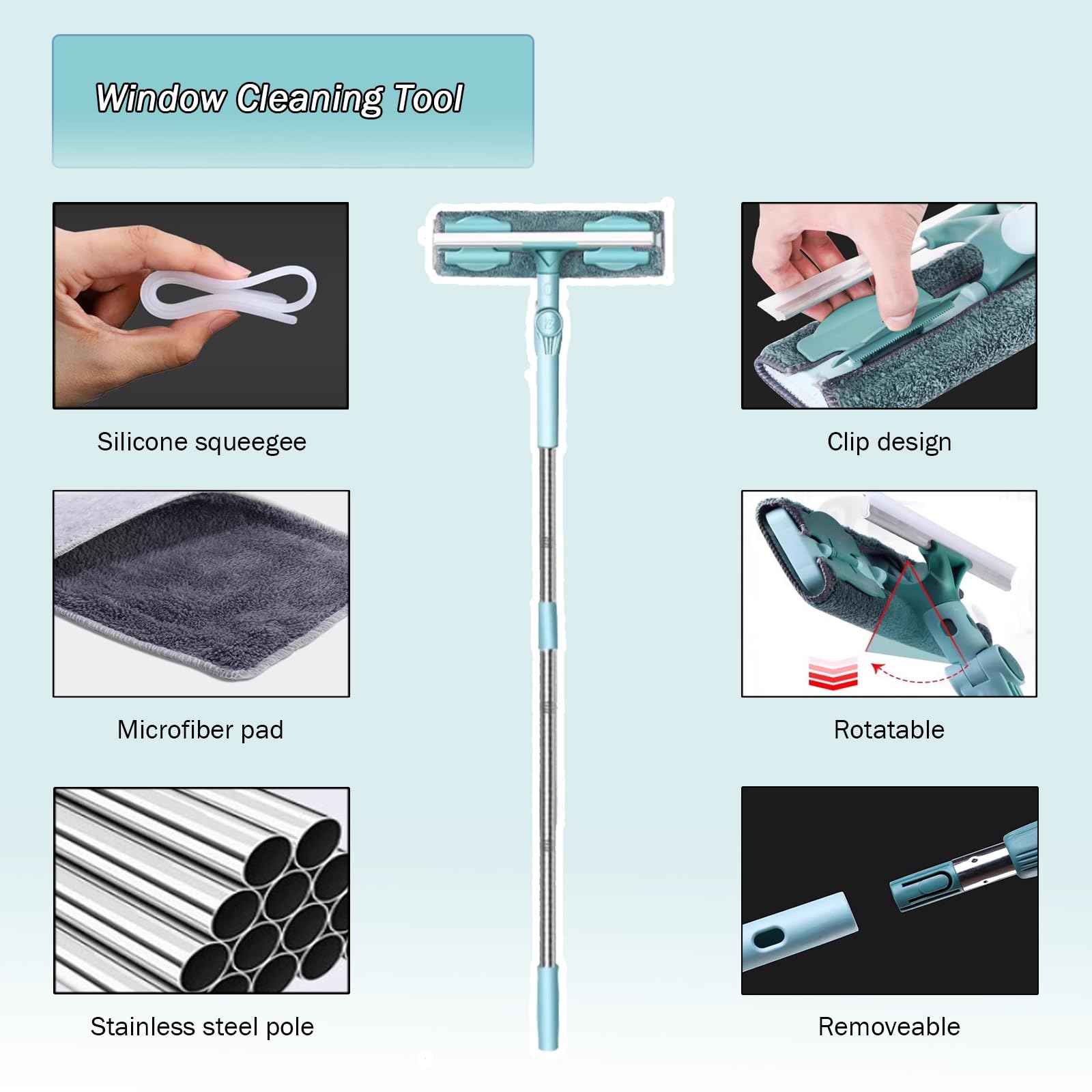 Lavavetri Tergivetri Puliscivetri Kit di strumenti per la pulizia delle finestre con tergivetri per uso domestico, asta estensibile per il lavaggio delle finestre da 160 cm per porte in vetro della do