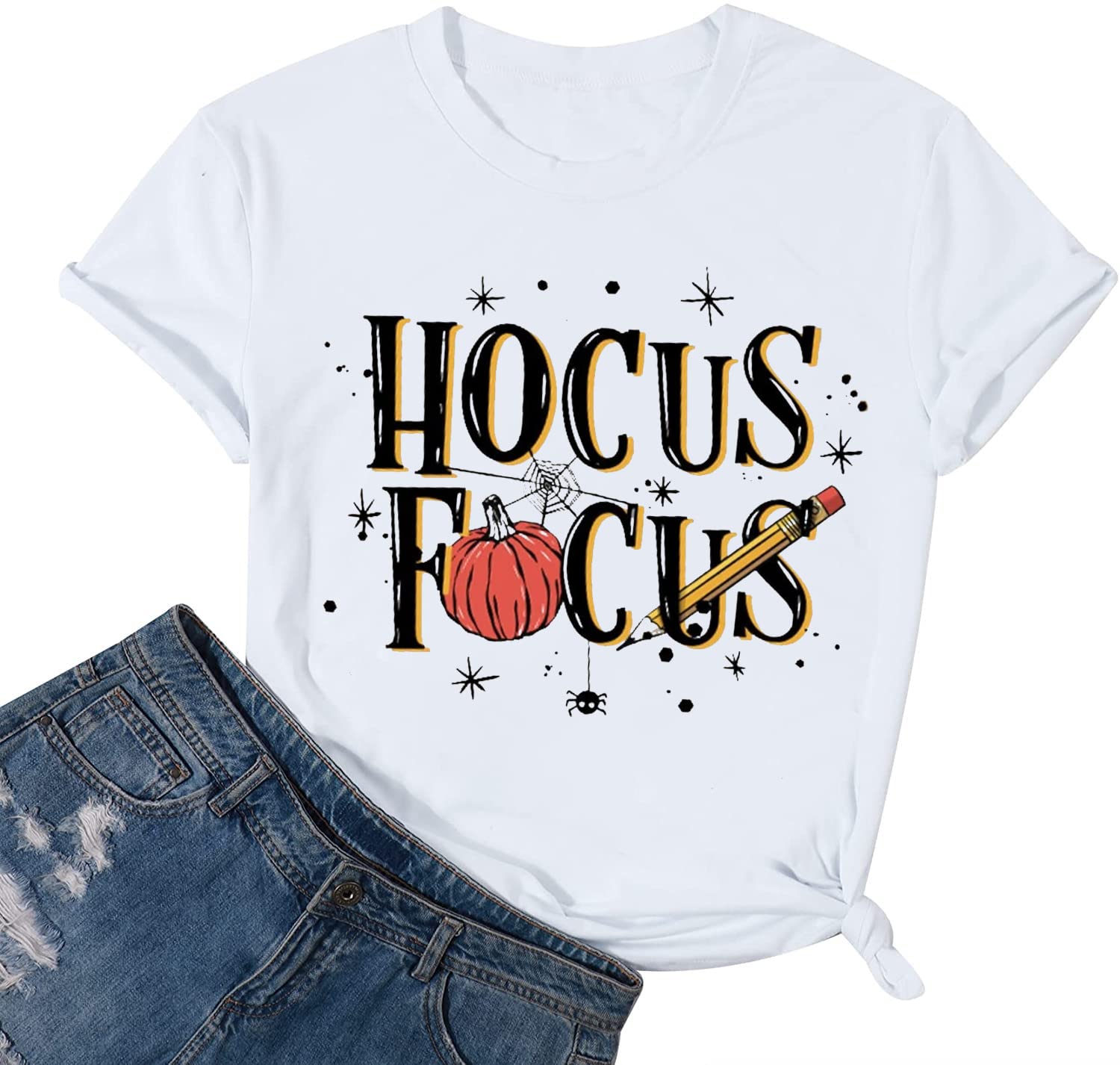 Teacher Halloween Shirt for Women Funny Hocus Pocus Tshirt Cute Pumpkin Graphic Tees Teacher Fall Season Tops