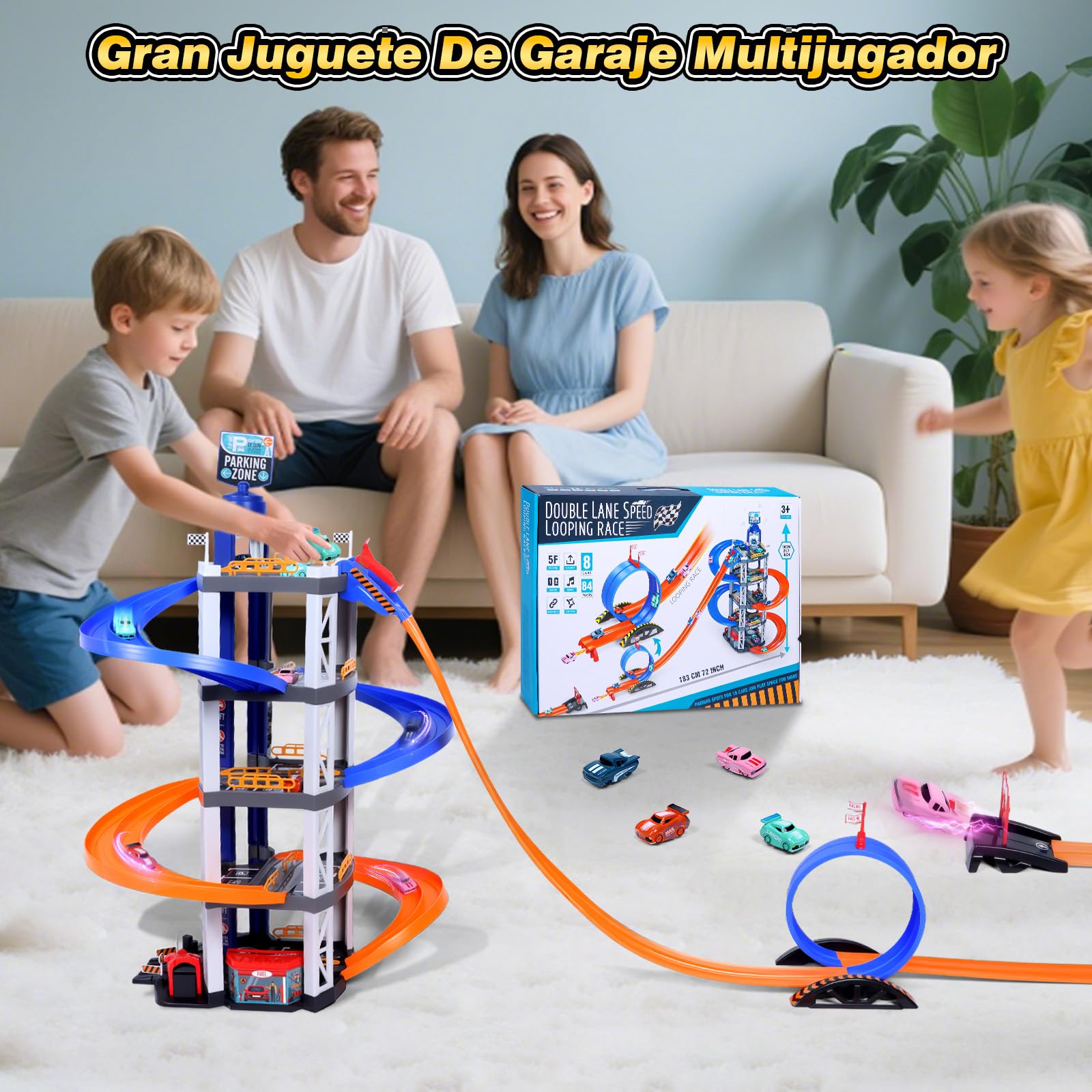 Charmofun 5 Plantas Garaje Coches Juguete, Parking Coches Juguete Gran Parking Infantil con 8 Autos, Ascensor, Rampa Doble, Luz Y Sonido, Pista Coche Niños 3 4 5 6 7 8 Años