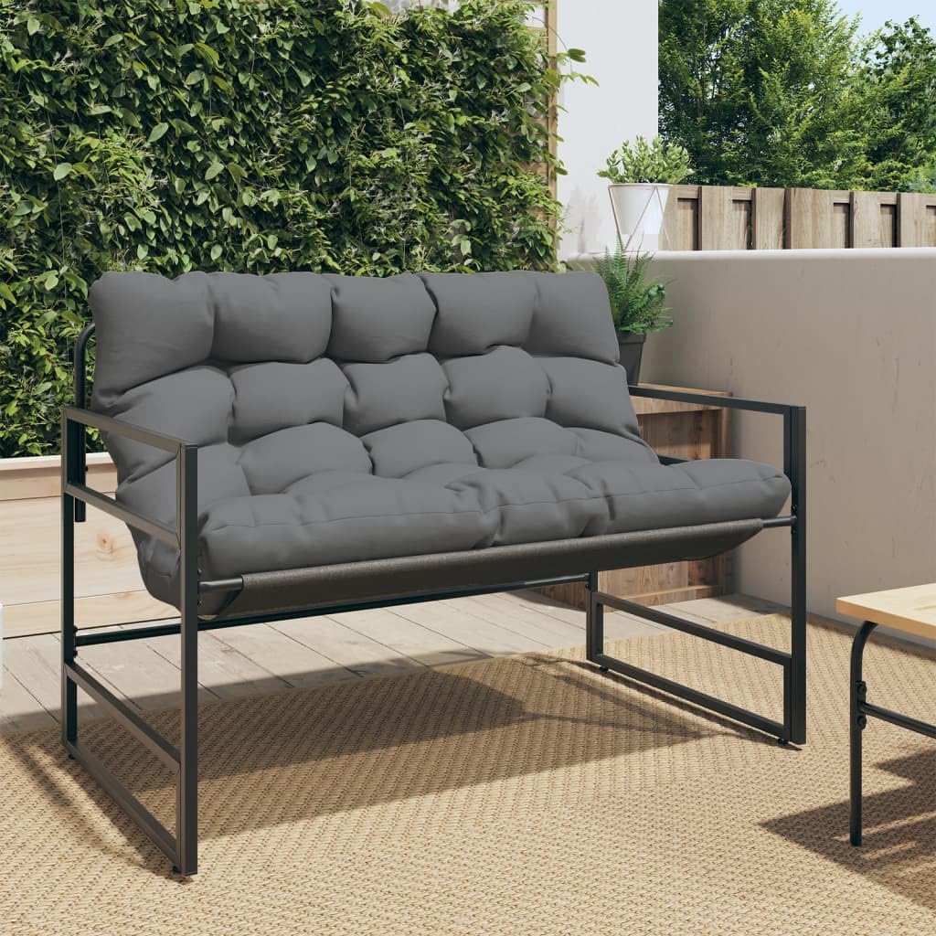 Banco de jardín con cojín, antracita, 113 cm, de acero resistente a la intemperie, para terraza, balcón, muebles de jardín, banco con reposabrazos y espacio de almacenamiento, banco para