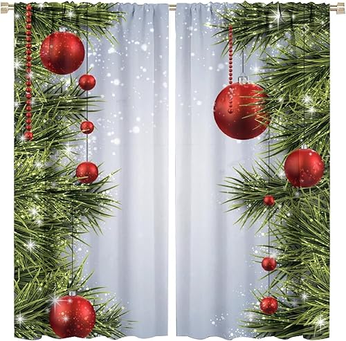 Miniatura 17 de Cortinas Rojas de Navidad con Bolas de Pino Abeto Árbol Temporada Navideña Arte Clásico Impreso Sala de Estar Dormitorio Cortinas para Ventana