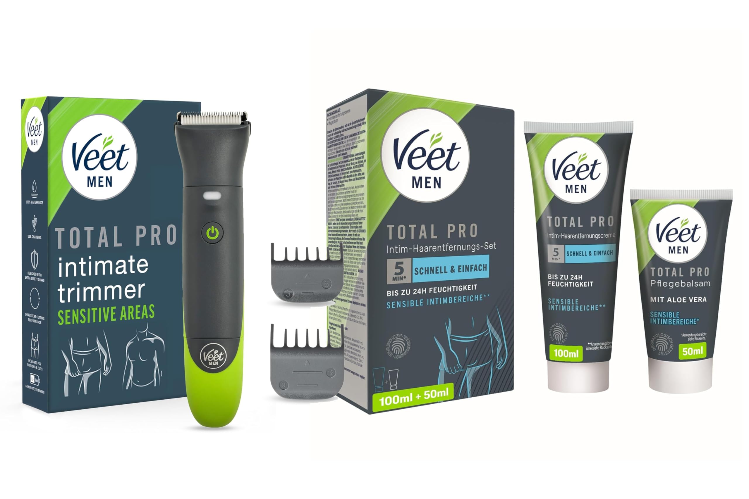 Veet Men Intimate Trimmer + Intim-Haarentfernungsset – Bundle für Männer mit Enthaarungscreme & Pflegebalsam – Intimrasierer & Pflege in einem