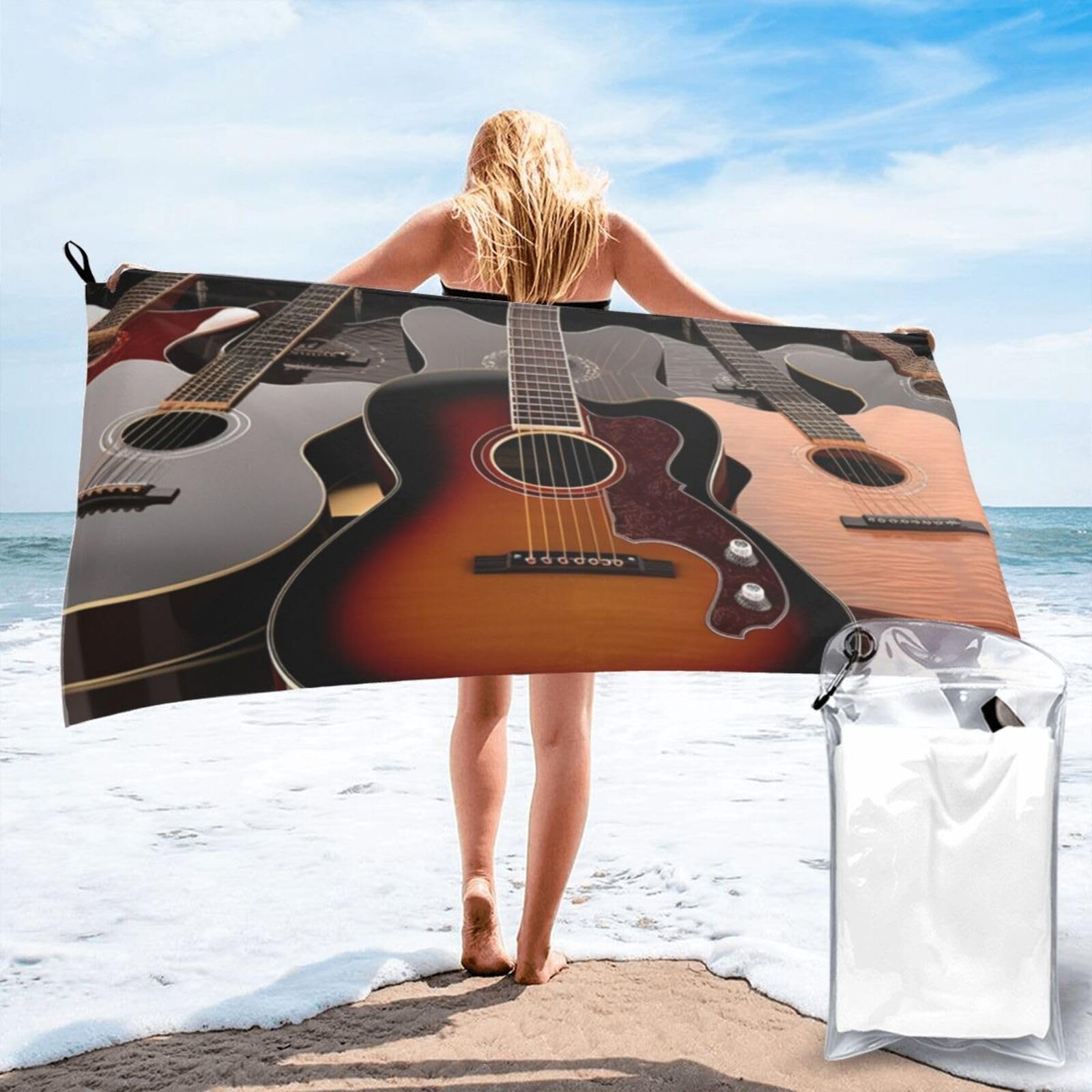 DWVTSLH Microfiber Sand Free Beach Towel 27.5"x55", Quick Dry Absorbent Travel Towel Large Camping Blanket, Guitar Bath Towels Lightweight Pool Swim Towels for Vacation Essentials
