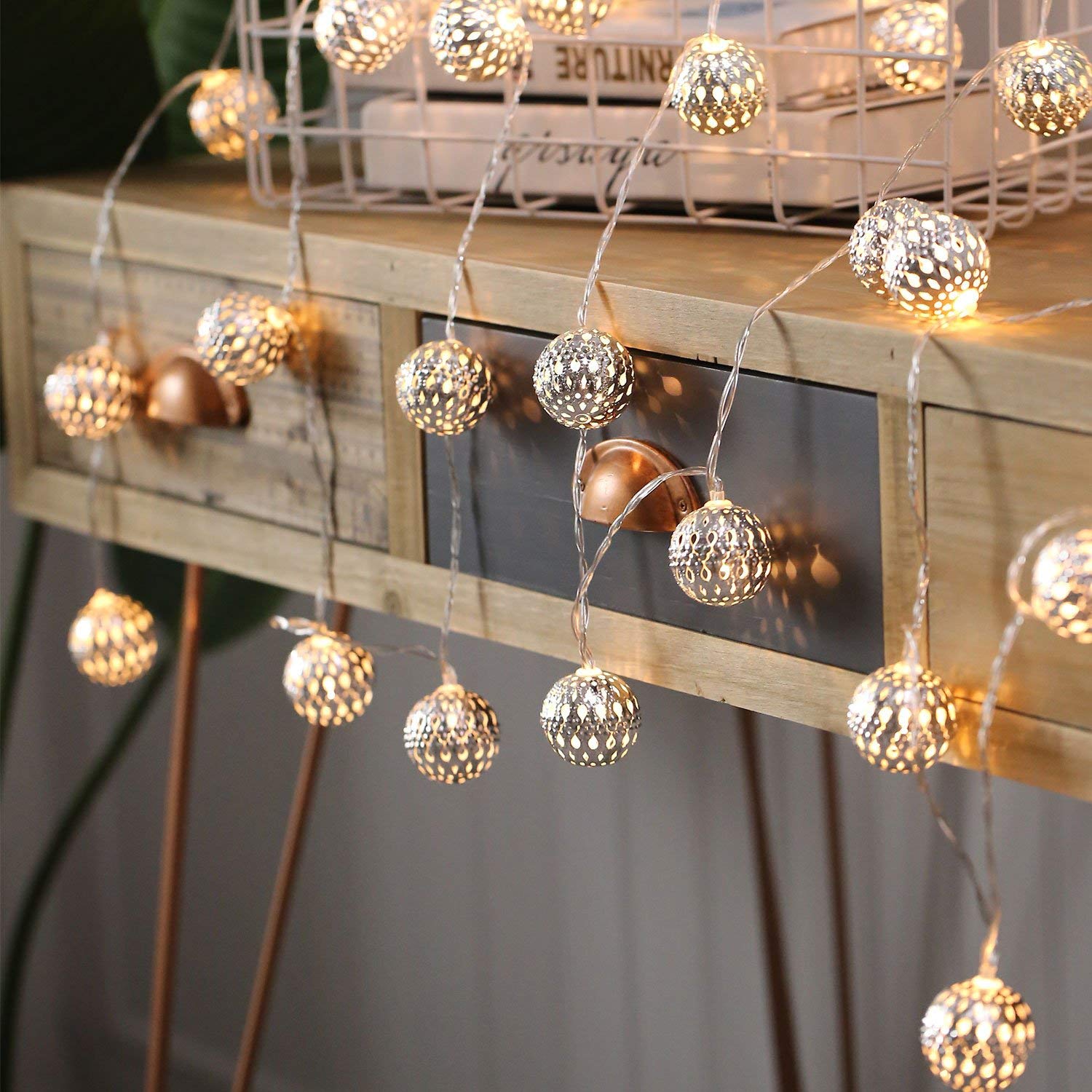 zhonghua Geometric String Lights, 3M 20LED Metal String Lights Geometric Metal Fairy Lights Rose Gold Metal Geometric Lights Battery (Moroccan)