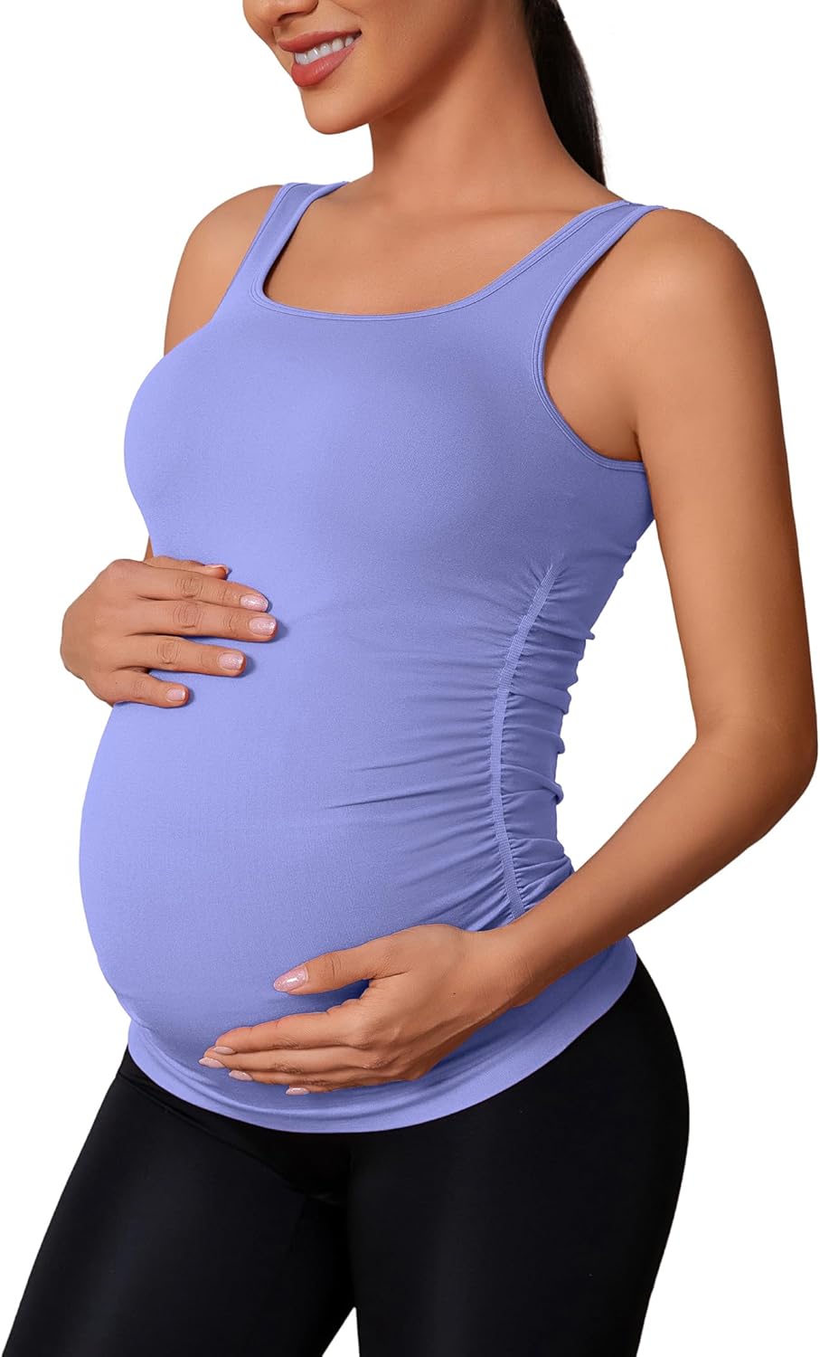ATTRACO Maternity Tank Tops Seamless Side Ruche Sleeveless Pregnancy Basic Shirt with Built in Bra