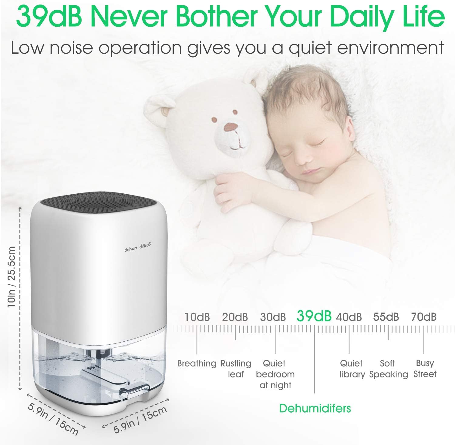 Dehumidifier noise level comparison at 39dB