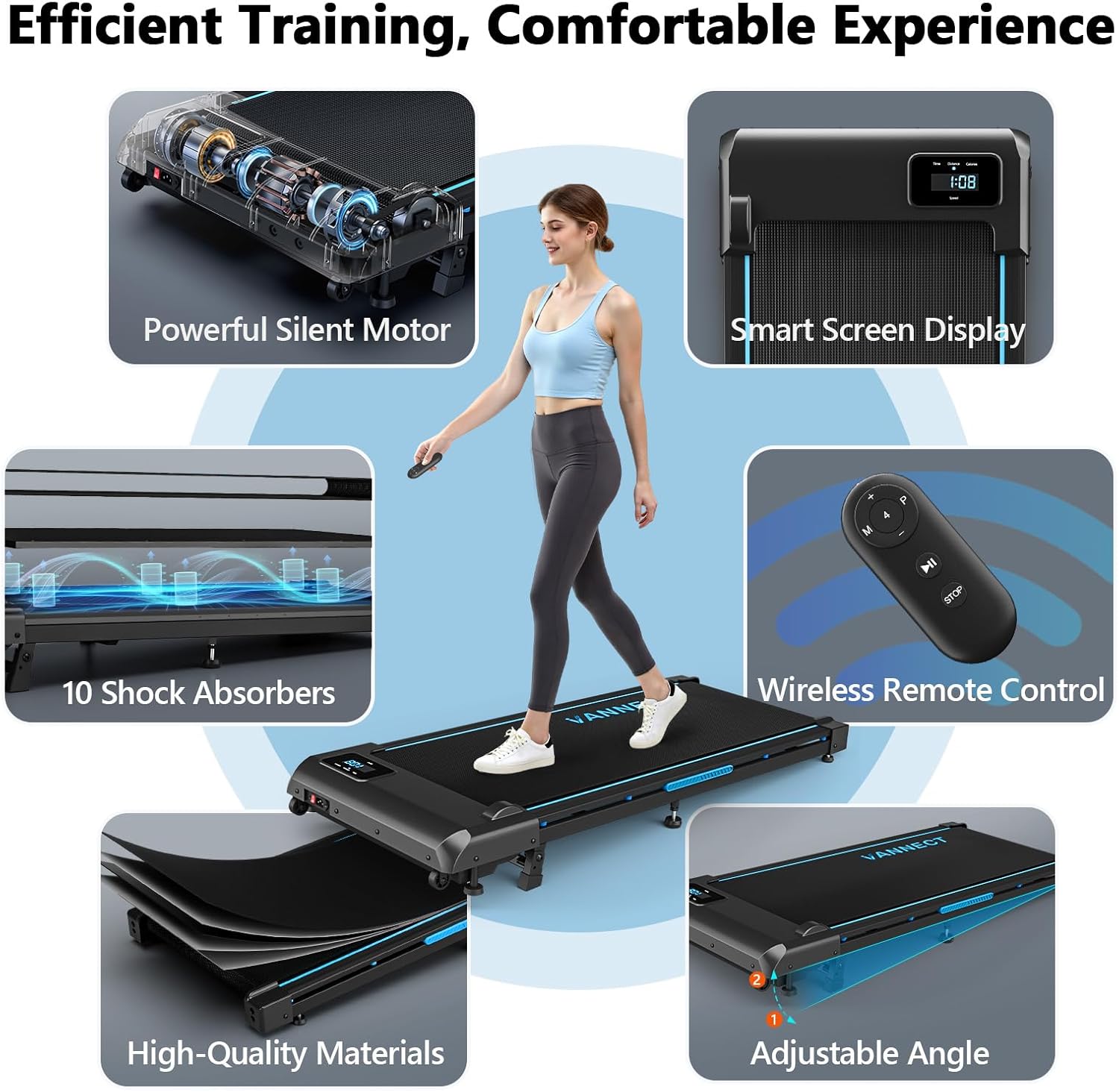 Kuvakollaasi vannect X390AS:n ominaisuuksista, kuten moottori, näyttö, kaukosäädin, iskunvaimentimet ja materiaalit.