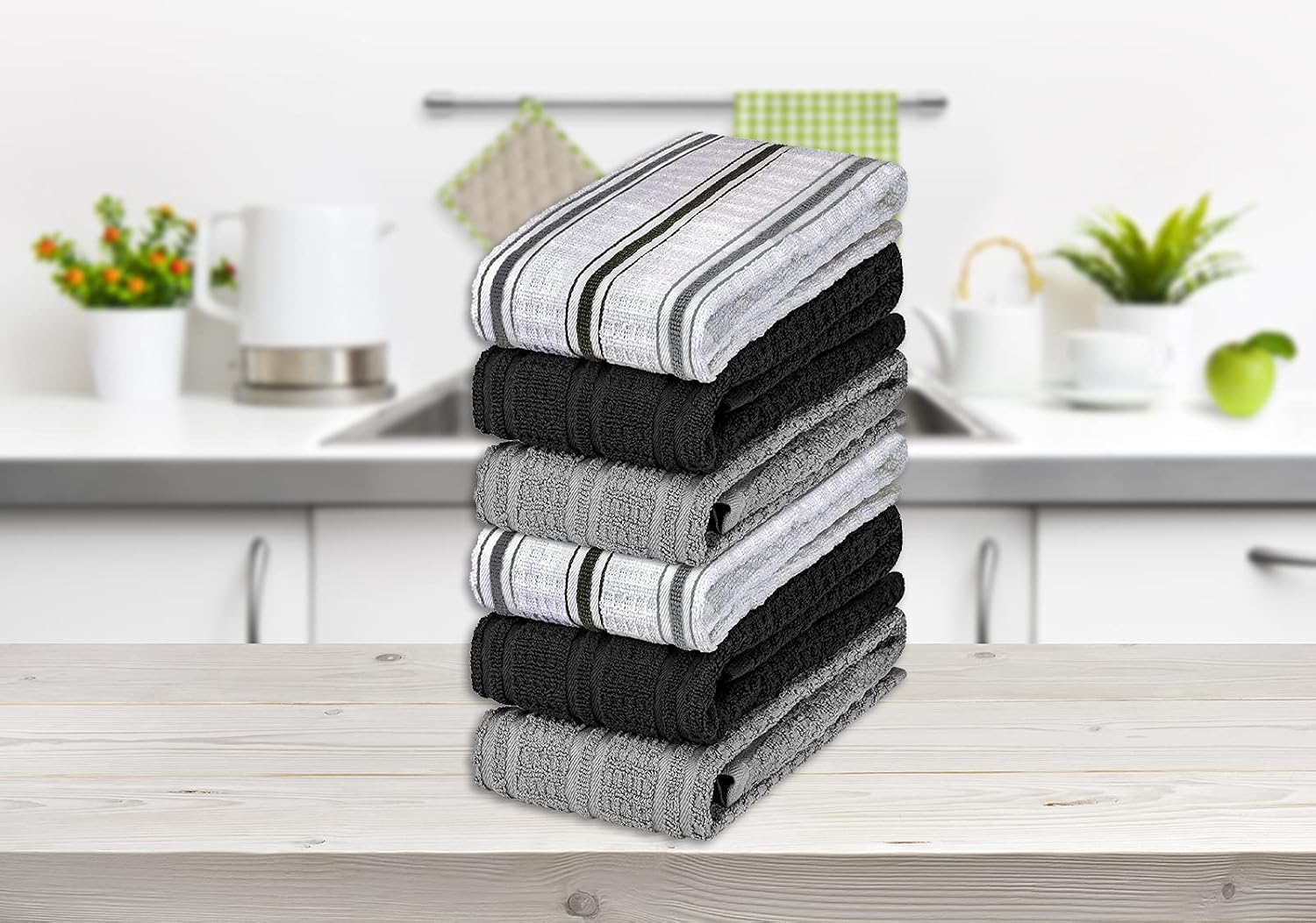 DecorRack 6 Large Kitchen Towels, 100% Cotton, 16 x 27 inches, Thick Absorbent Dish Drying Cloth, Perfect for Kitchen, Soft Hand Towels and Tea Towel, White and Gray Colors (6 Pack)