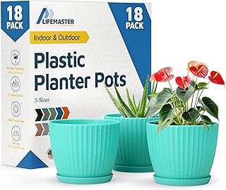 Aqua 6-Inch Plant Pots with Drainage & Saucers 18 Pack, Indoor & Outdoor...