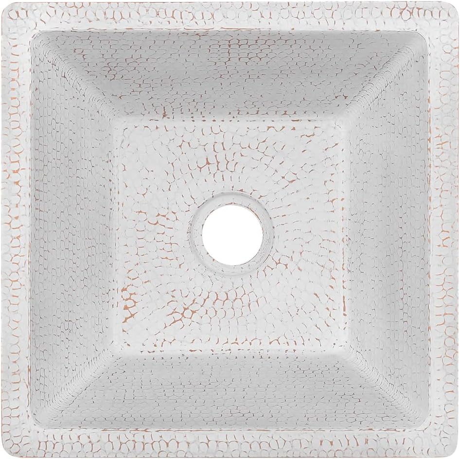 Premier Copper Products 15" Square Hammered Copper Bar/Prep Sink w/ 2" Drain Opening in Glazed White BS15WHT2