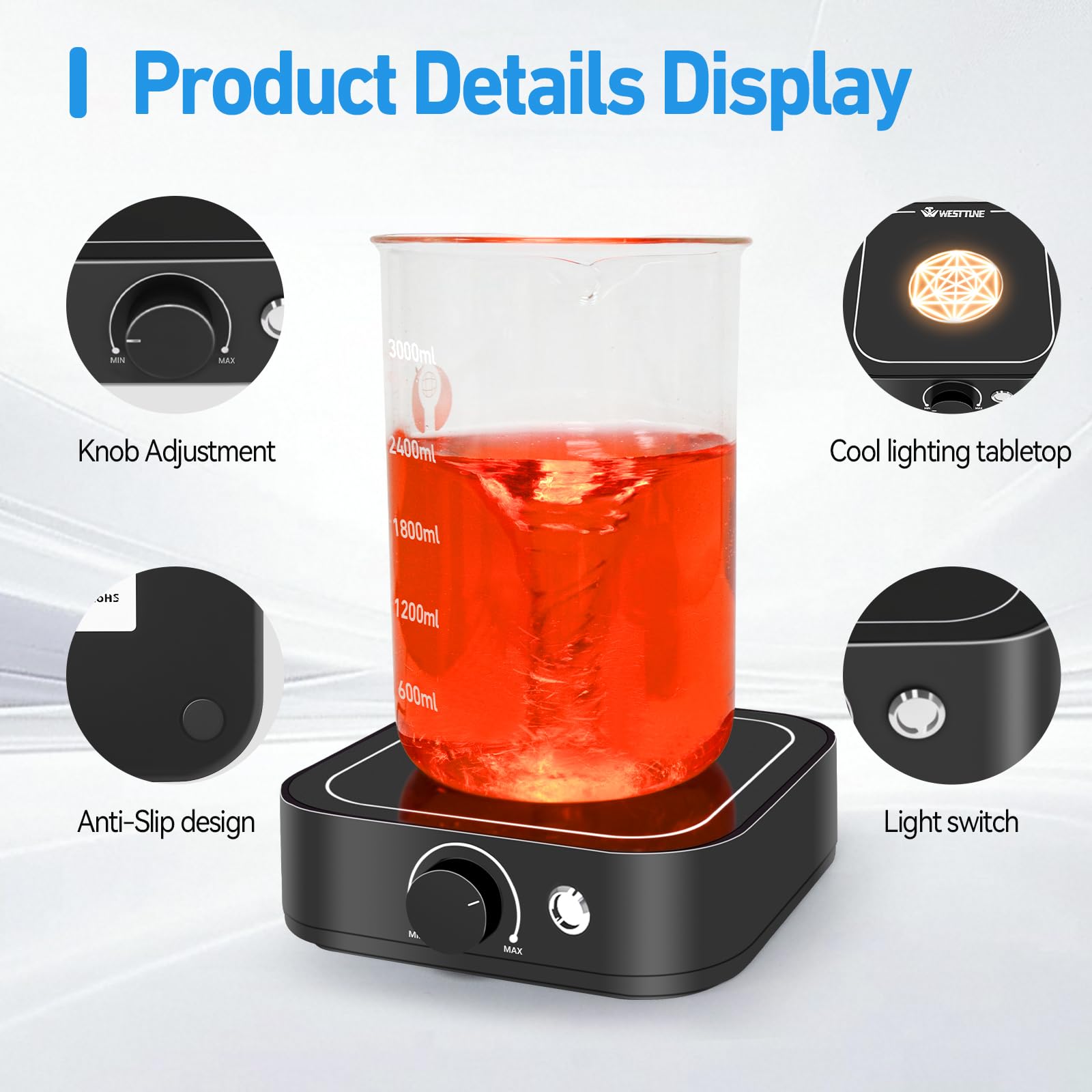 Agitateur magnétique 3000 tr/min avec lumière LED, plaque d'agitation magnétique avec 2 barres d'agitation, mini mélangeur magnétique, capacité d'agitation maximale de 3000 ml pour