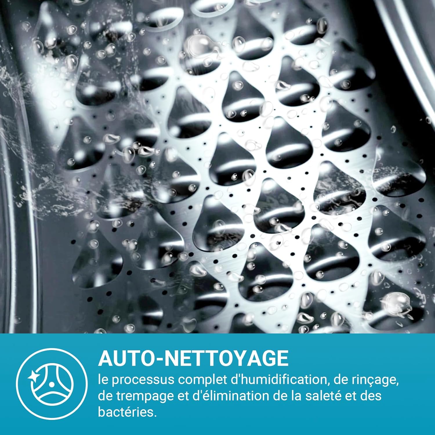 Close-up of the washing machine drum with water droplets, illustrating the auto-cleaning process.