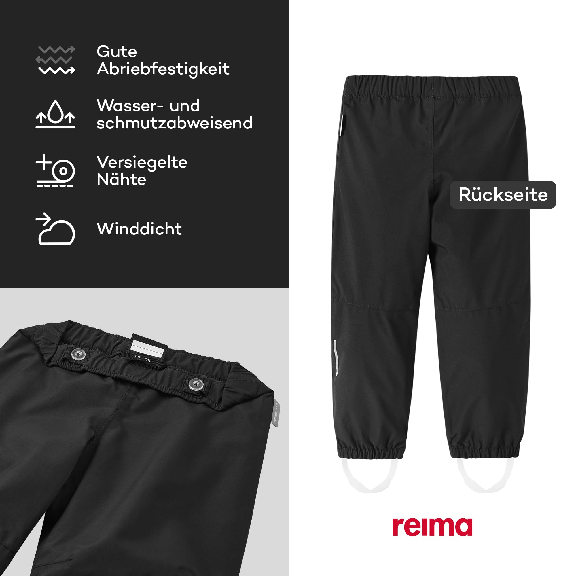 Reima - Kaura ReimaTec wasserdichte Regenhose für Kinder - Leichte, atmungsaktive Regenkleidung für Kinder, winddichtes, strapazierfähiges Material, Verstellbarer Bund - Black, 128