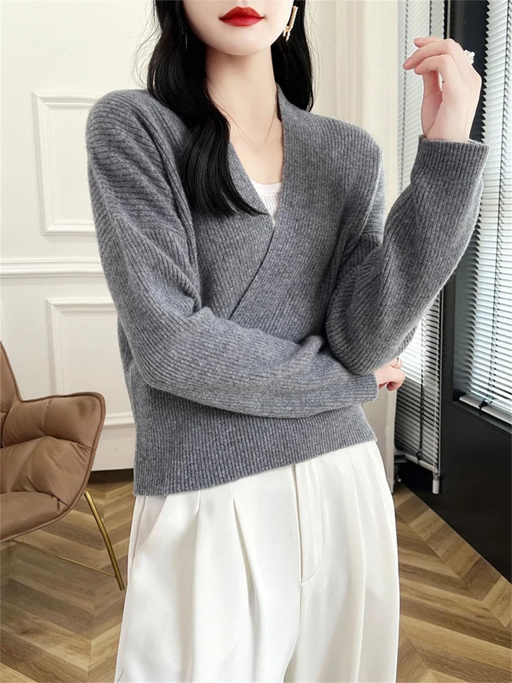 Women's 100% Merino Wool Sweater Long Sleeve V-Neck Pullovers Office Elegant Comfortable Knit Tops