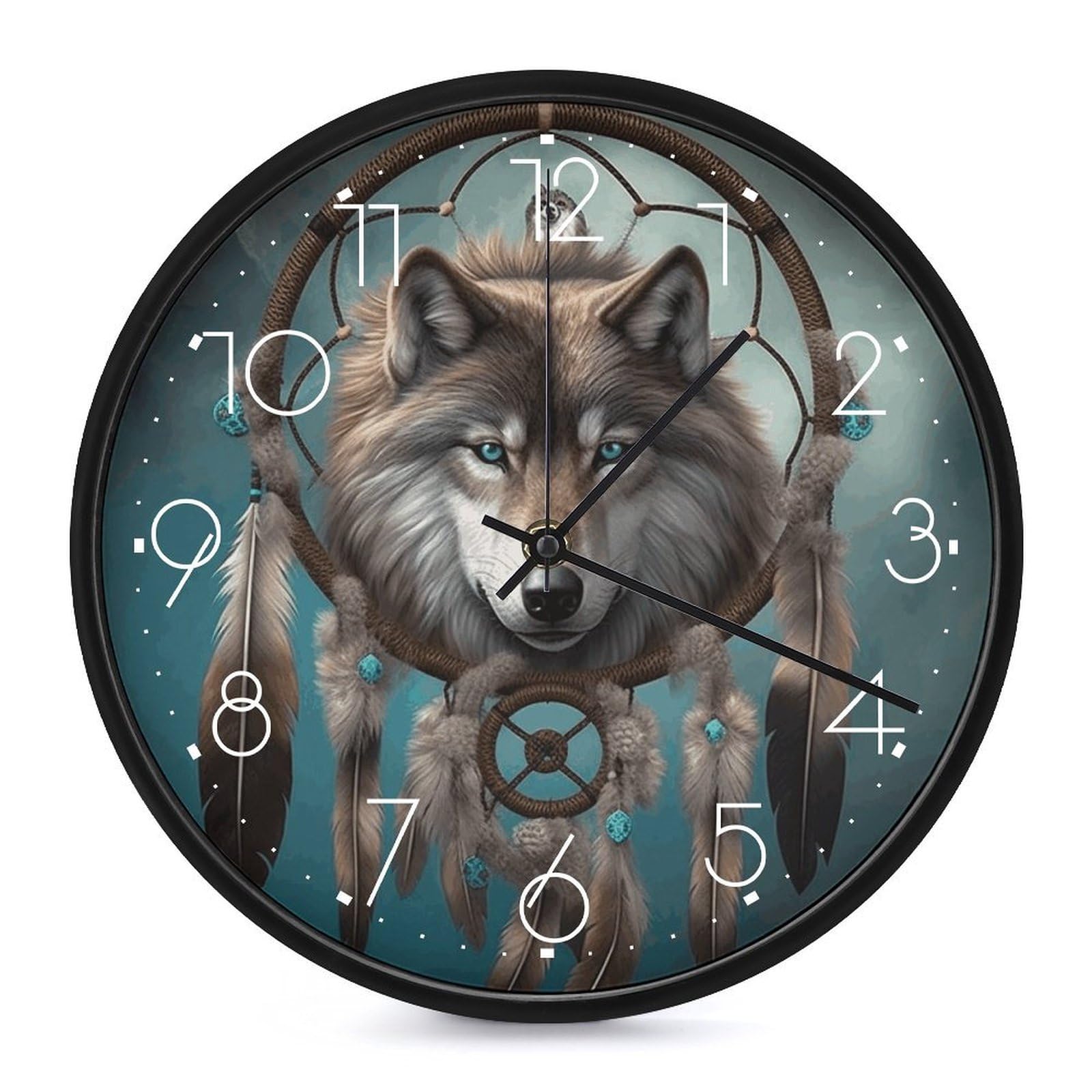 DWVTSLH 3D Wolf Dream Catcher Wall Clock 10 Inch Silent Non-Ticking Modern Clocks Battery Operated - Decorative Wall Clocks for Bedroom Living Room Kitchen Office Wall Decor Gift Idea