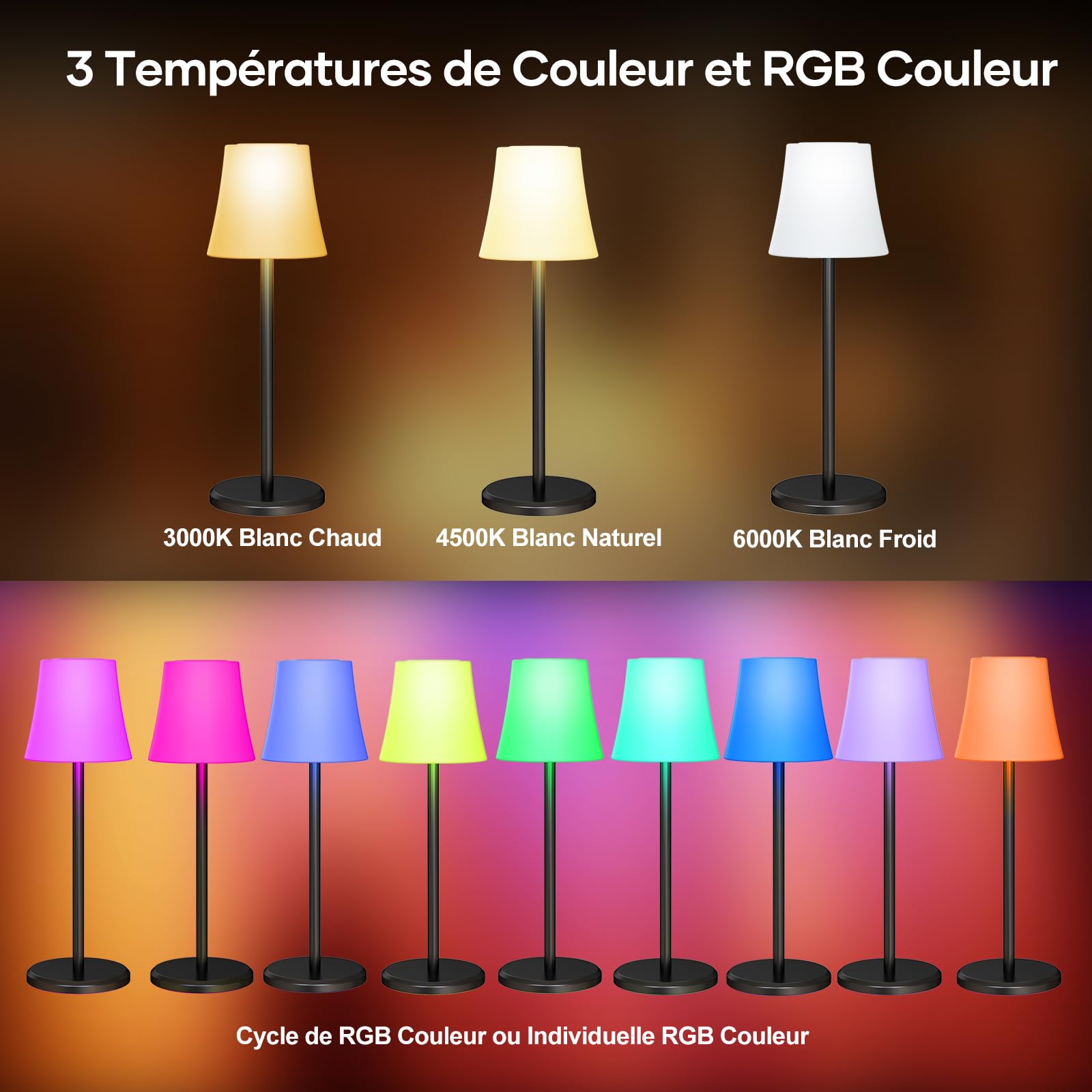 Suright Lot de 2 Lampe de Table Sans Fil Avec 3 Température de Couleur+RGB, Rechargeable Lampe de Chevet Luminosité Réglable, Contrôle Tactile IP54 Etanche pour Restaurant, Chambre, Camping, Café
