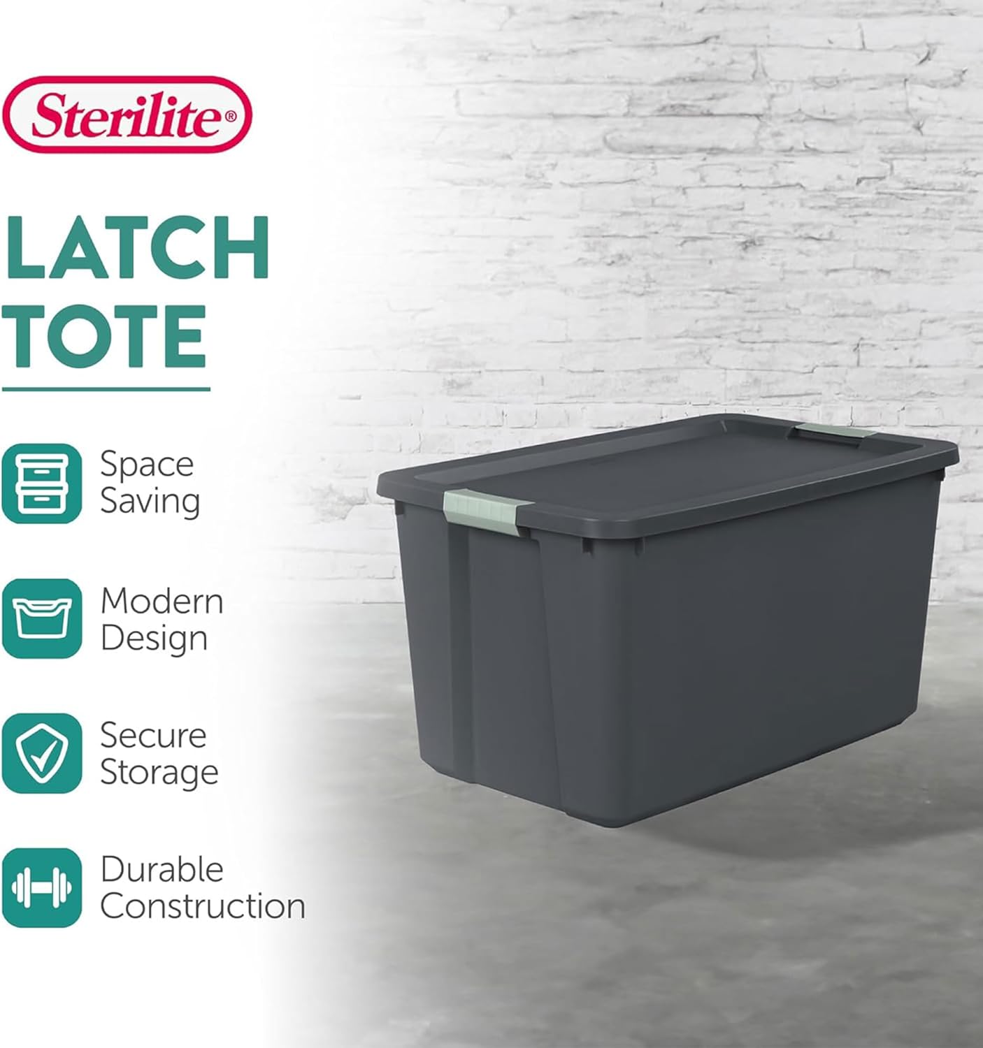 Sterilite 16 Pack 34 Gallon Latch Tote, Stackable Plastic Storage, Gray/Green