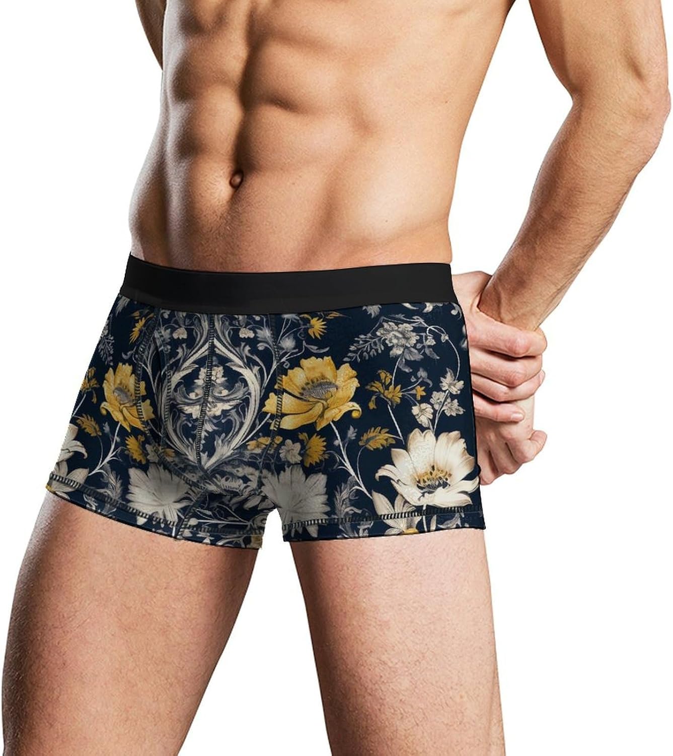 With Floral Pattern Mens Boxer Briefs Short Breathable Underwear Trunks Soft Moisture-Wicking Boxer Shorts Novelty Underpants L White