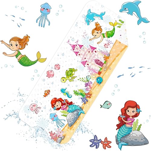 Tapete de baño antideslizante para bañera para niños, tapete de baño de dibujos animados, extra largo de 40 x 16 pulgadas con ventosas y agujeros de