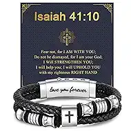 Men's Leather Cross Bracelet - Silver Double Row Braided Leather Cross Bracelet for Men with Inspirational Bible Verse Card, Faith Christian Religious Gift for Husband Son on Baptism Easter Birthday