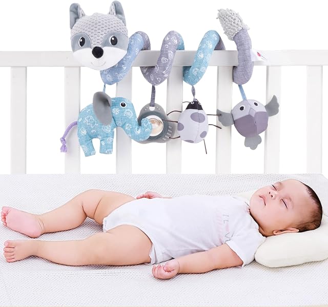 Suewidfay Spiral Pram Hanging Toy for Babies, Cartoon Fox Spiral Activity Toys, Wrap-Around Pram Pushchair Stroller Toy with Built-in Music Box Rattle BB Device for Toddler Infant Boys Girls
