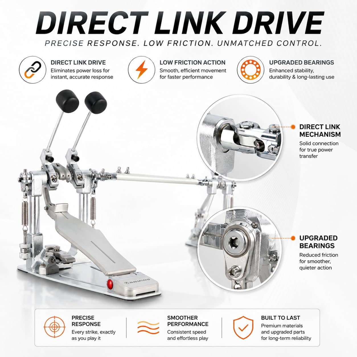 Set di pedali doppi per grancassa, pedali Direct Drive con battitori bifacciali per batteria acustica ed elettronica