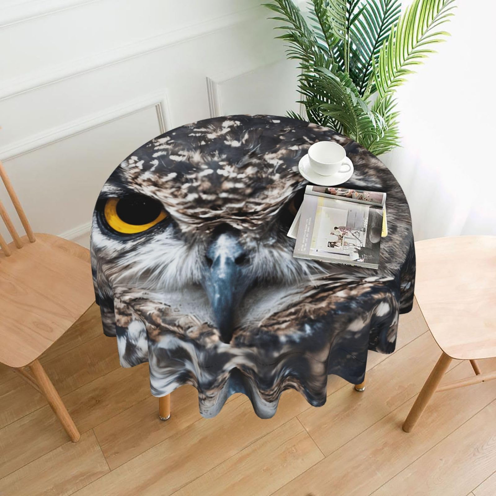 ZHAOUR Yellow Eyed Owl Print Round Washable Tablecloth – Table Cover