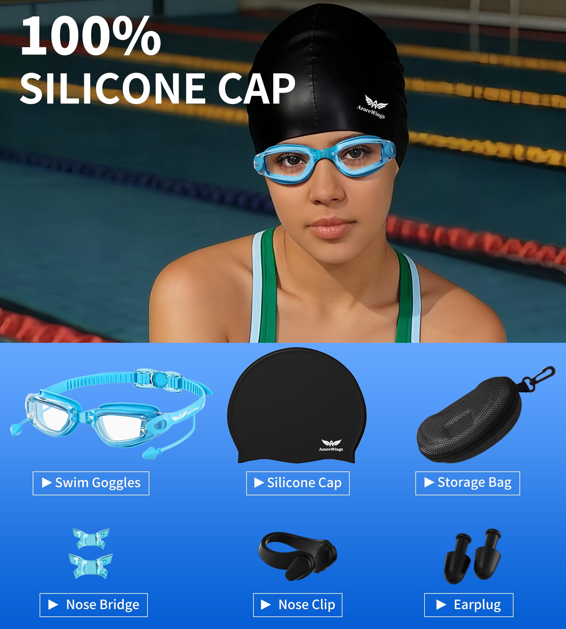 Occhialini da nuoto + cuffia da nuoto per uomo e donna, occhialini da nuoto senza perdite, anti-appannamento e UV, lenti a specchio HD Wide Visio in policarbonato