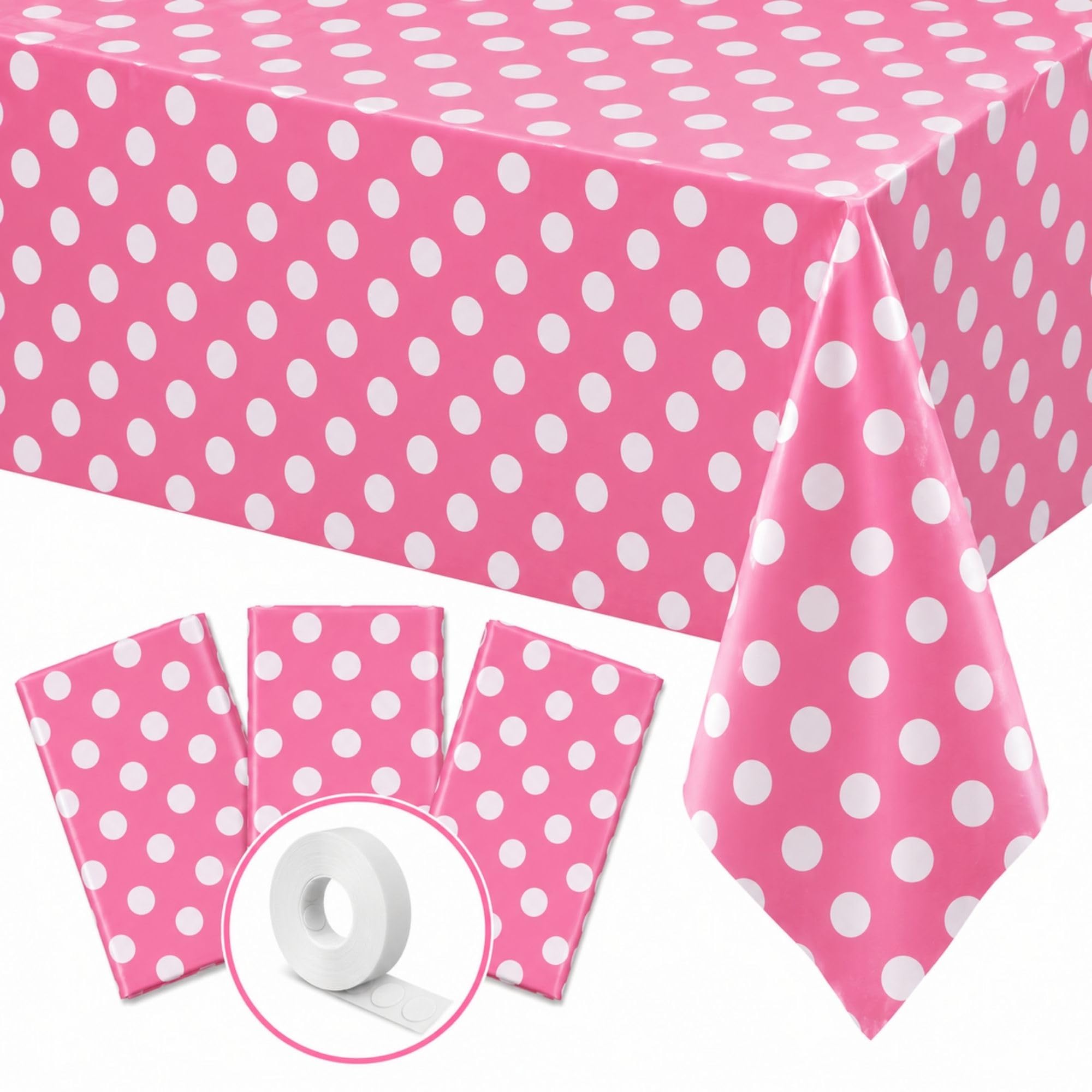 Blue Orchards Pink Polka Dots Table Cover (Pack of 3 with 20 Glue dots) - 54"x108" XL - Pink and White Dots Plastic Tablecloth, Girl Decoration, Baby Shower, Cartoon Themed Birthday Party Supplies