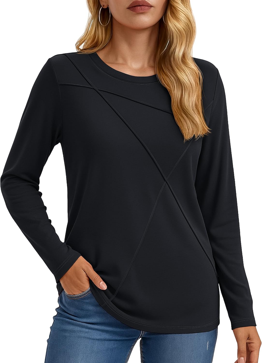 YUCOLEN Womens Long Sleeve Shirts Pleated Crew Neck Fall Trendy Tops Lightweight Tshirt for Women Casual