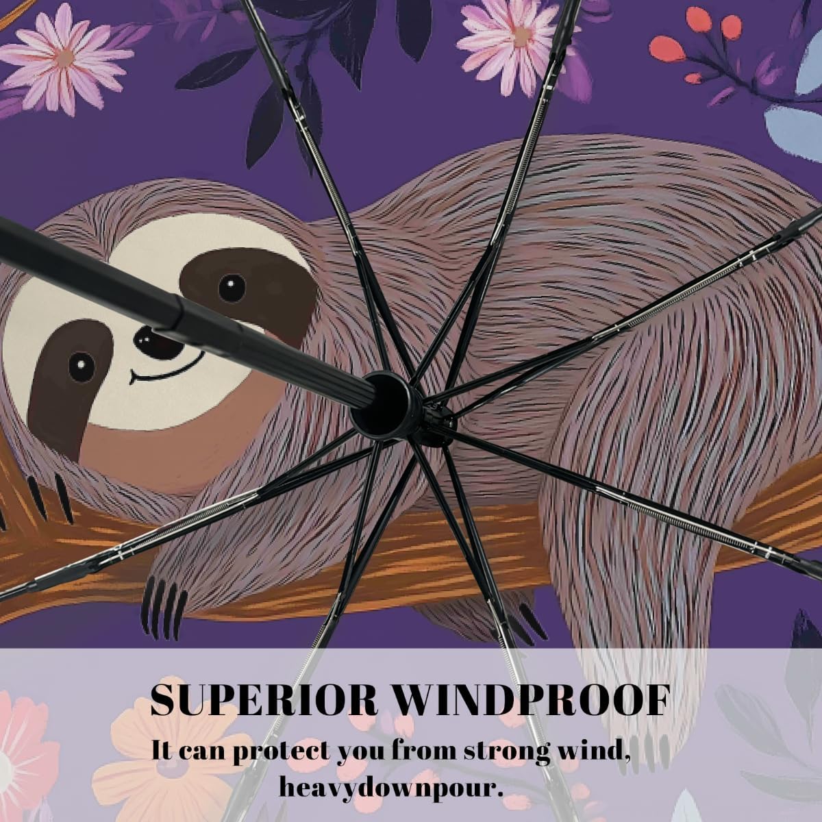 Sloth Branch Flowers Folding Umbrella Windproof Compact Lightweight Travel Umbrella with 8 Reinforced Ribs, Portable UV Sun & Rain Protection for Men & Women