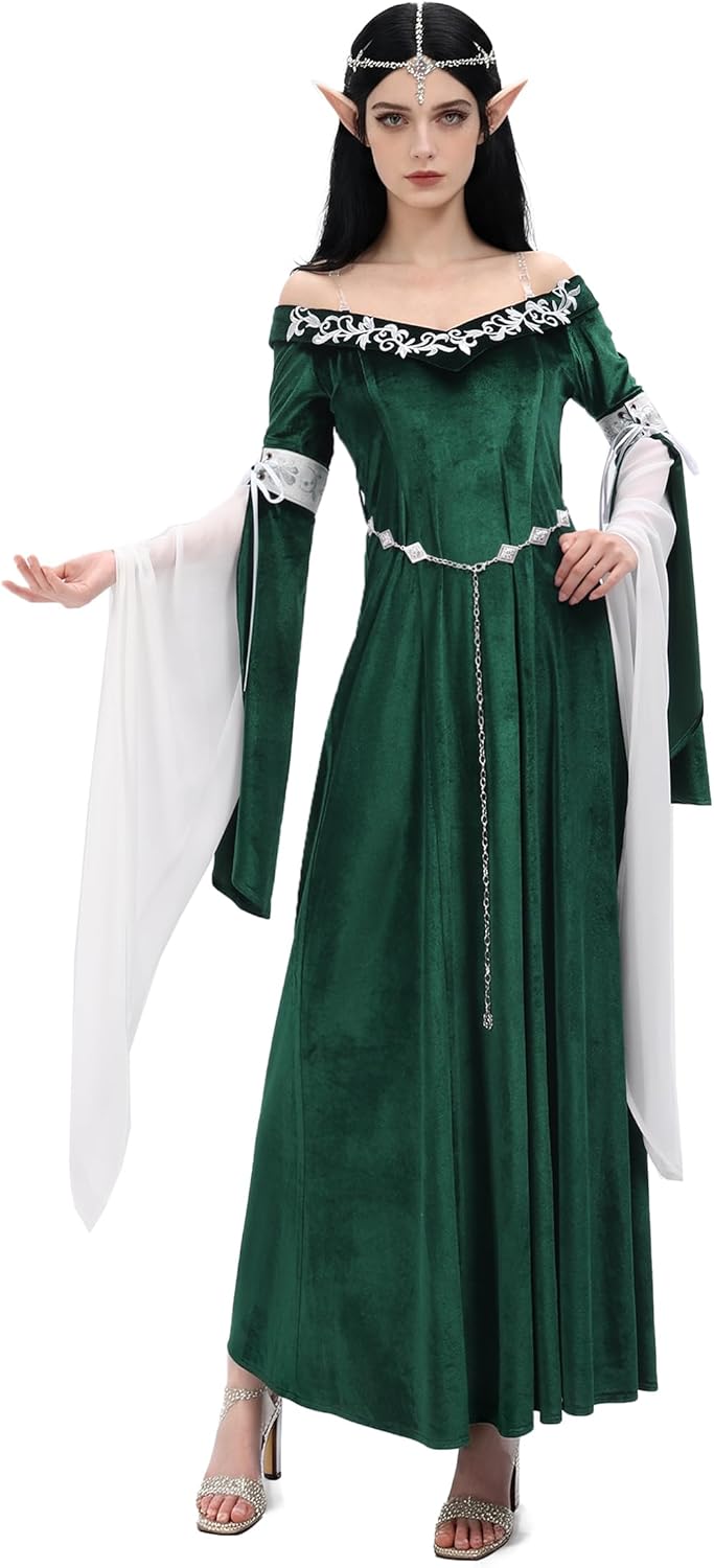 Women's Medieval Renaissance Off Shoulder Dress Princess Elf Costume Velvet Retro Gown Dress with Chiffon Sleeves