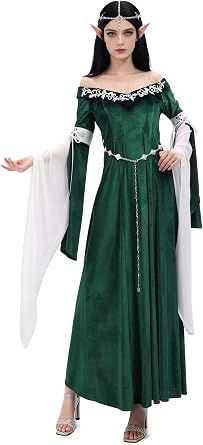 Womens Medieval Renaissance Off Shoulder Dress Princess Elf Costume Velvet Retro Gown Dress with Chiffon Sleeves
