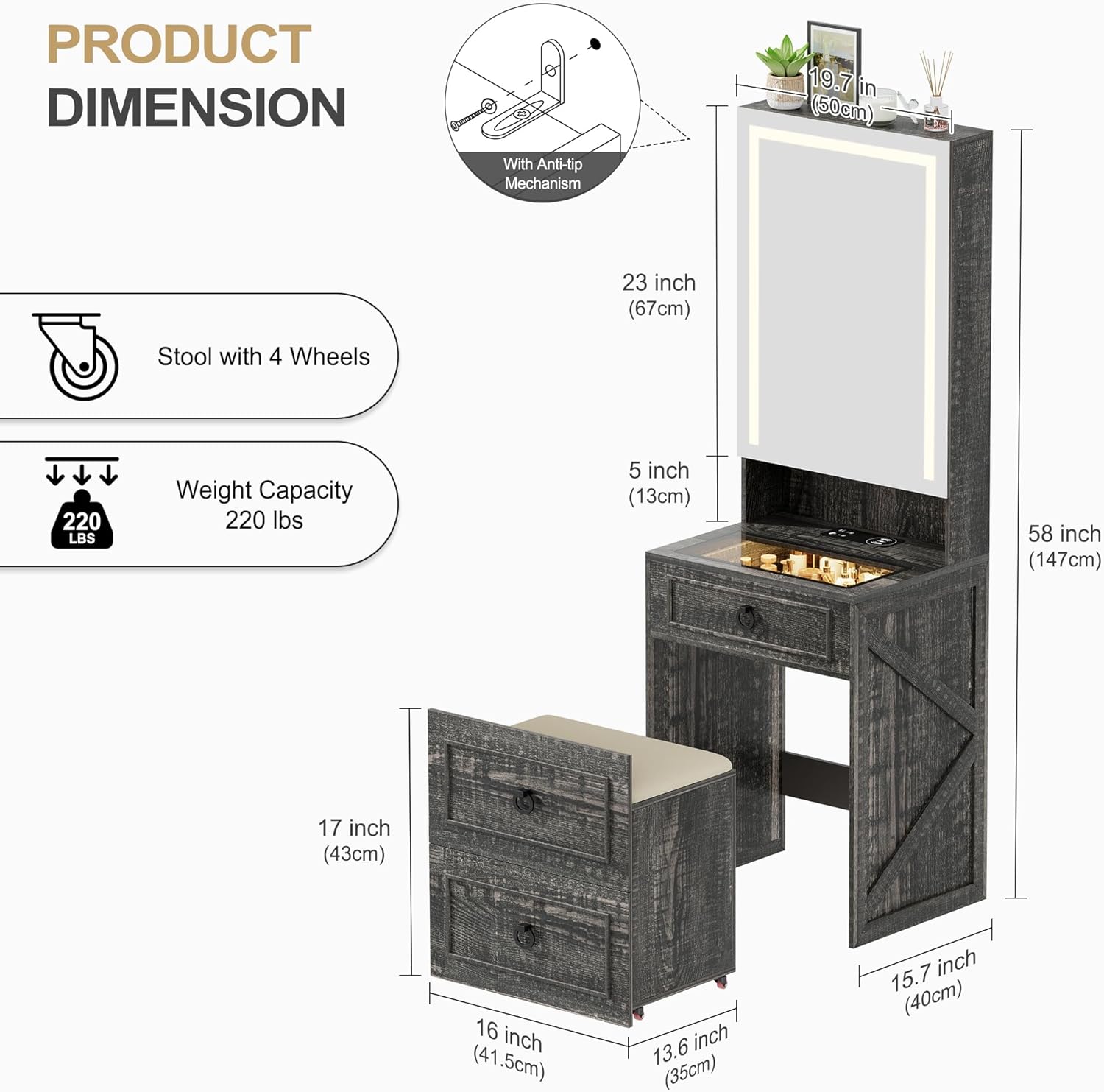 Product dimensions diagram for Lvifur Small Vanity Desk