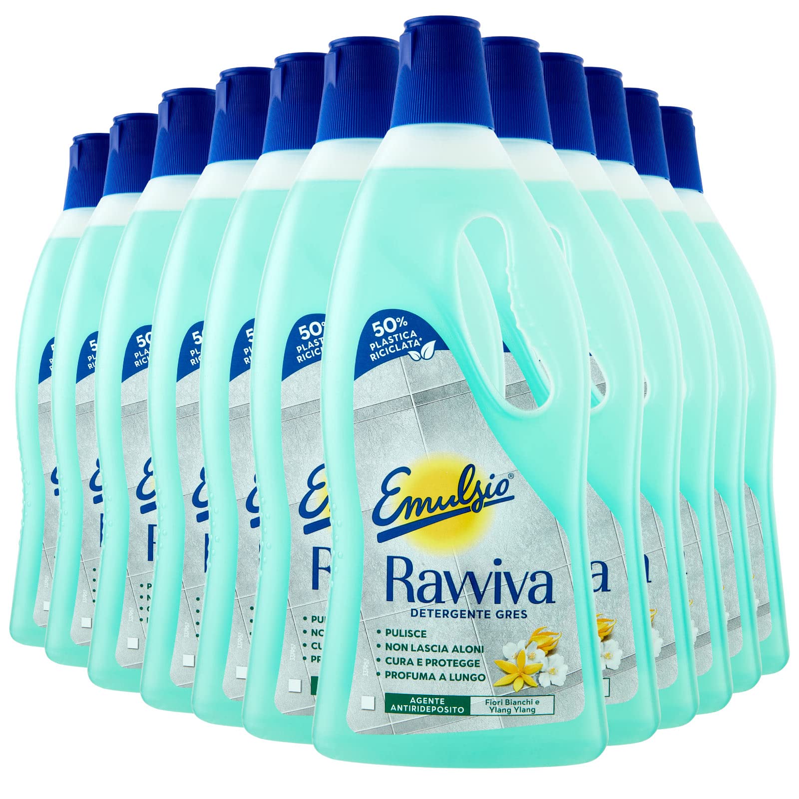Emulsio Revive Gres - Limpiador de suelos para gres porcelana brillante u mate fórmula con agente antiredeposito protector, perfume de flores blancas y ylang-ylang de larga duración, 12 botellas de