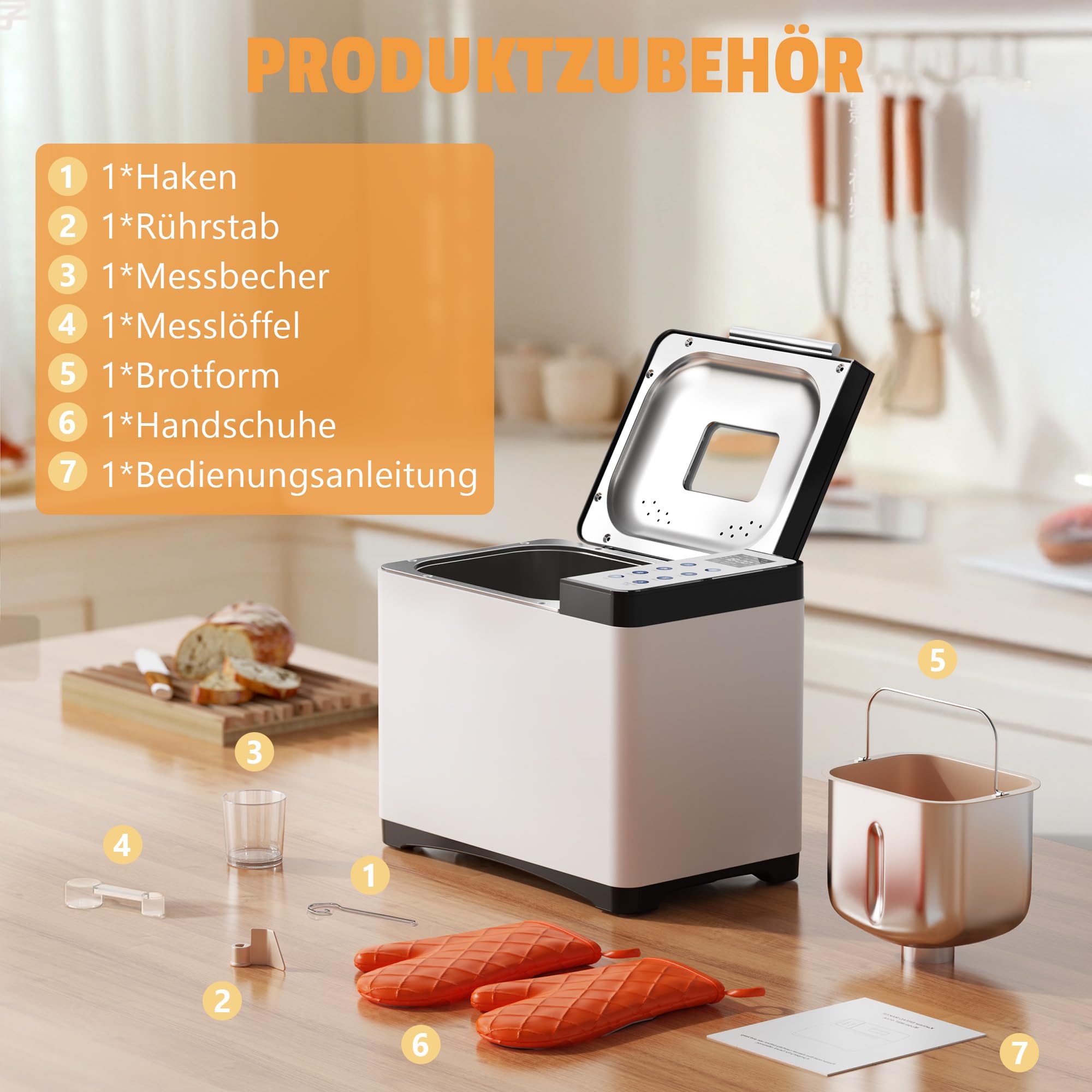 Karinear Brotbackautomat ohne Loch im Brot – 20 Programme Brotbackmaschine, 15-Std.-Timer, 3 Laibgrößen & Bräunungsstufen, 2LB Brotbackautomat, Bread Maker inkl. hitzebeständige Handschuhe, Weiß